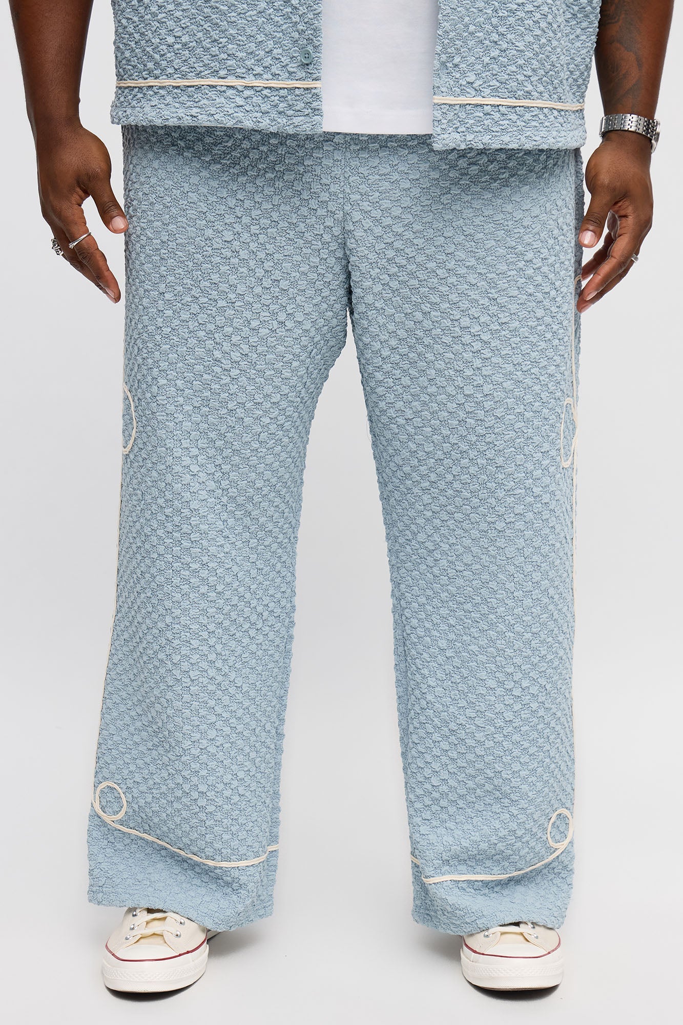 Baggy Soho Weave Applique Textured Pant - Light Blue