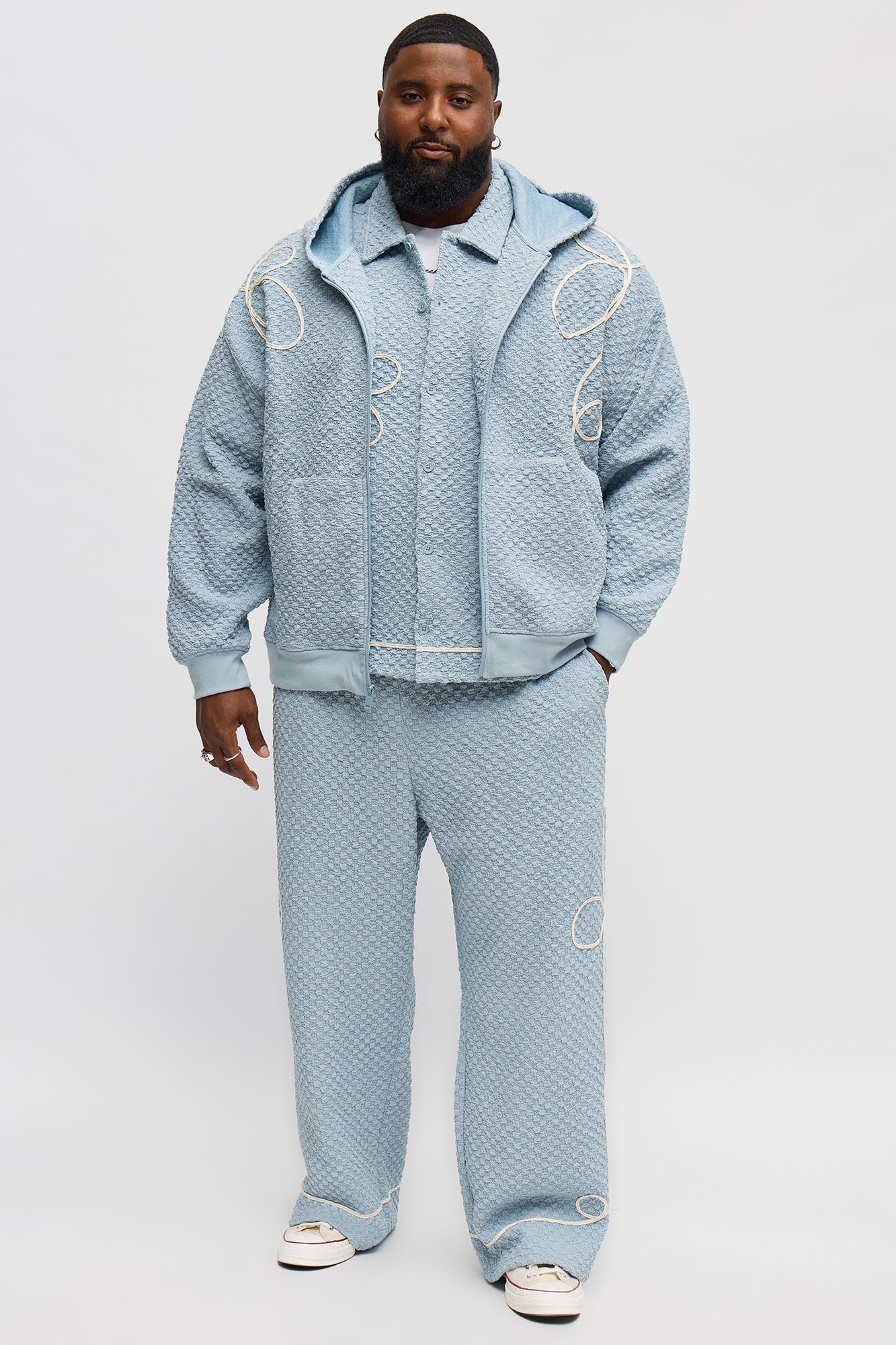 Soho Weave Applique Textured Zip Hoodie - Light Blue