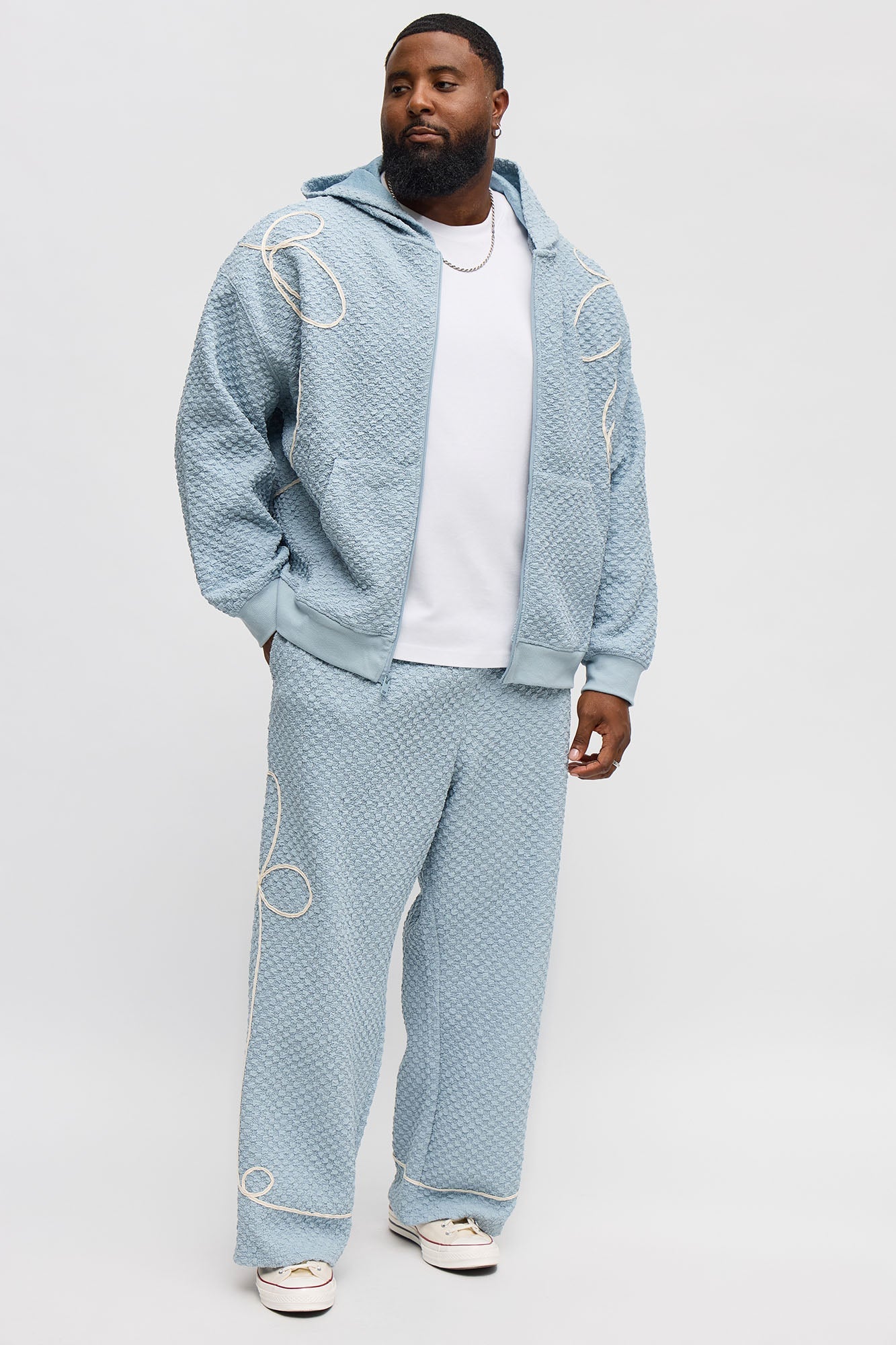 Soho Weave Applique Textured Zip Hoodie - Light Blue