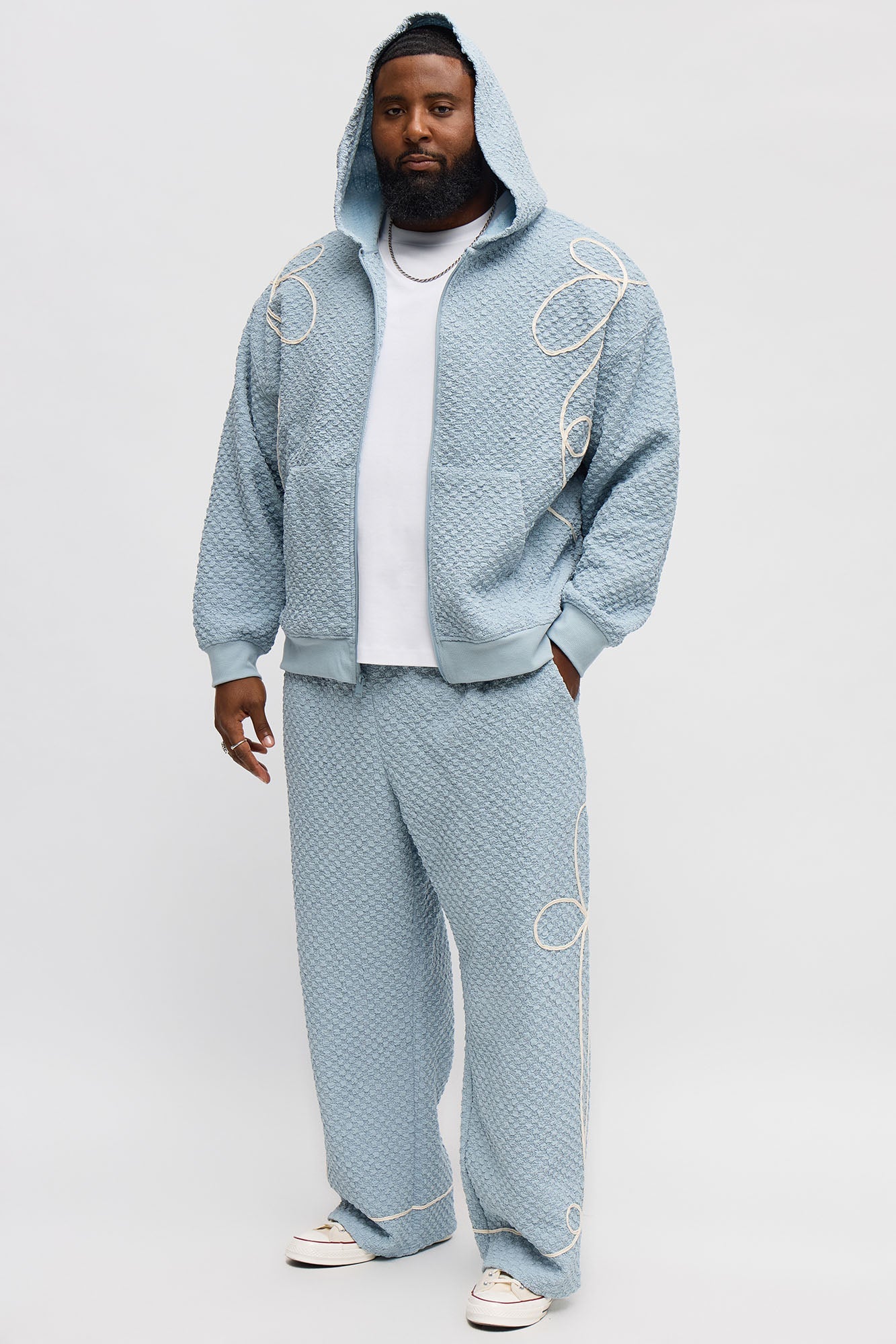 Soho Weave Applique Textured Zip Hoodie - Light Blue