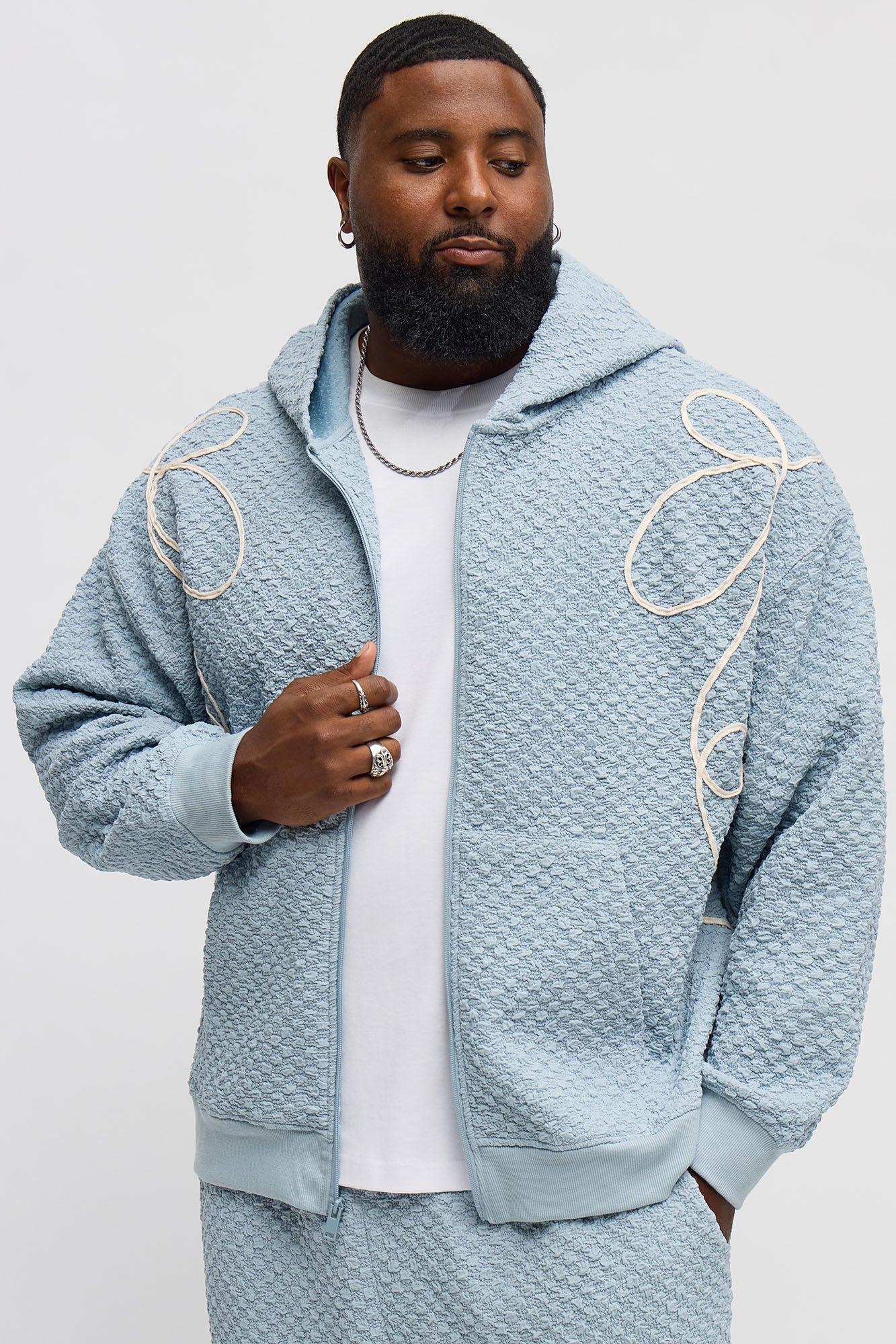 Soho Weave Applique Textured Zip Hoodie - Light Blue