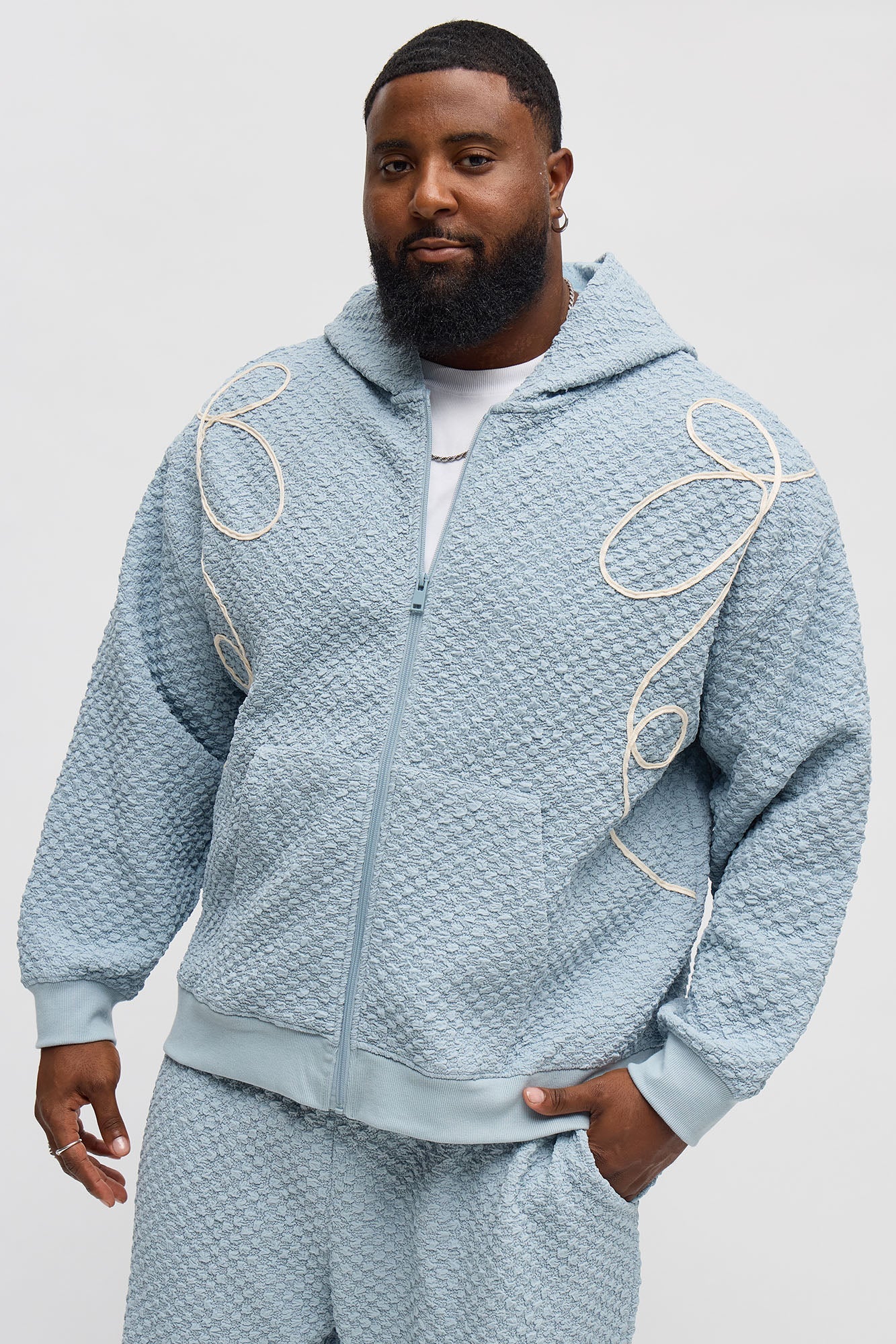 Soho Weave Applique Textured Zip Hoodie - Light Blue