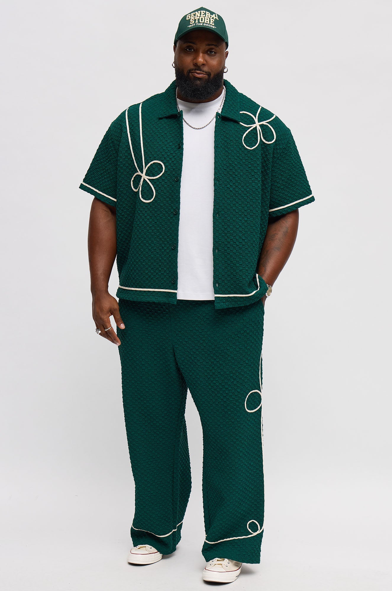 Boxy Soho Weave Applique Textured Button Up Shirt - Hunter Green