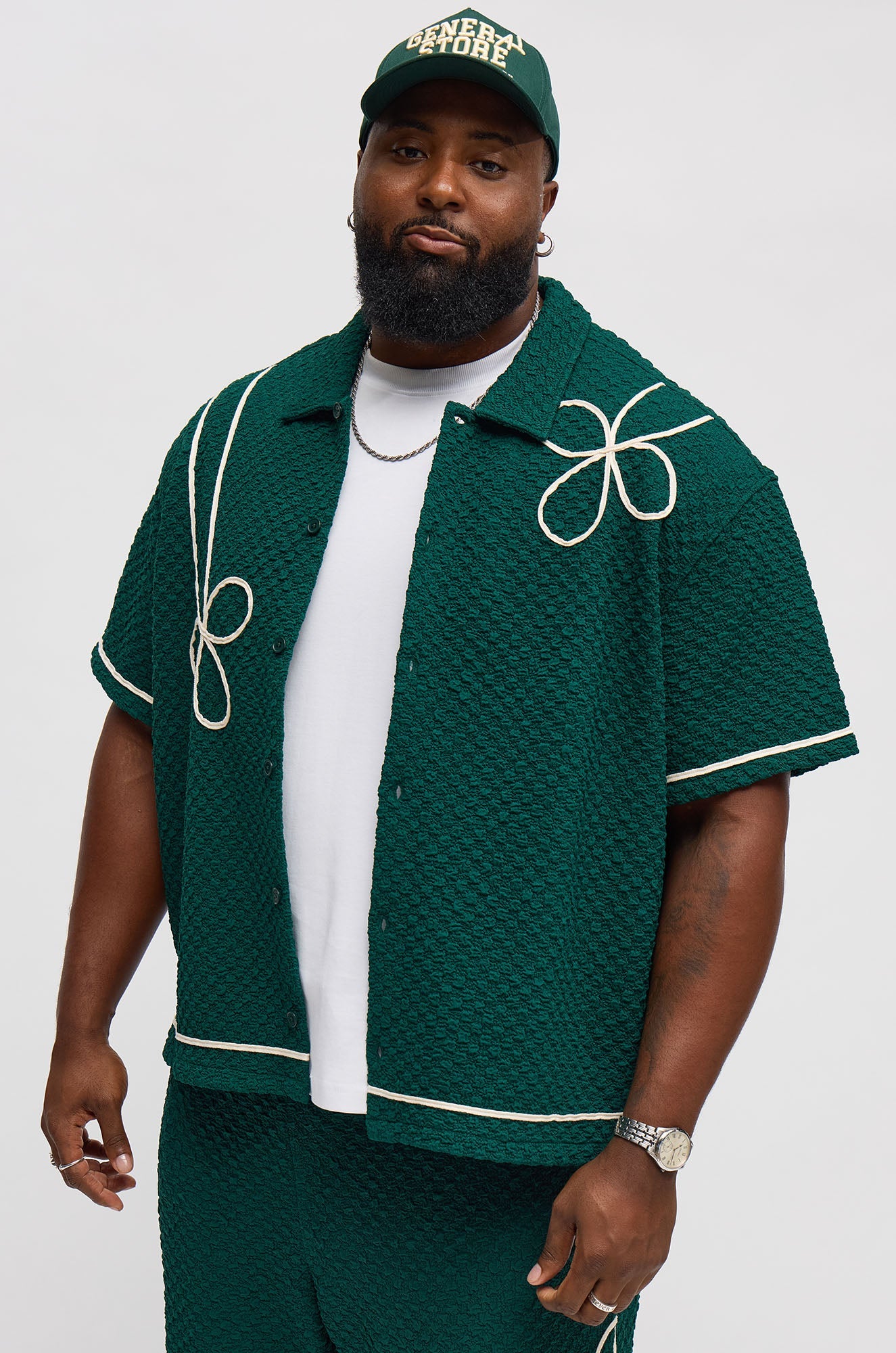 Boxy Soho Weave Applique Textured Button Up Shirt - Hunter Green