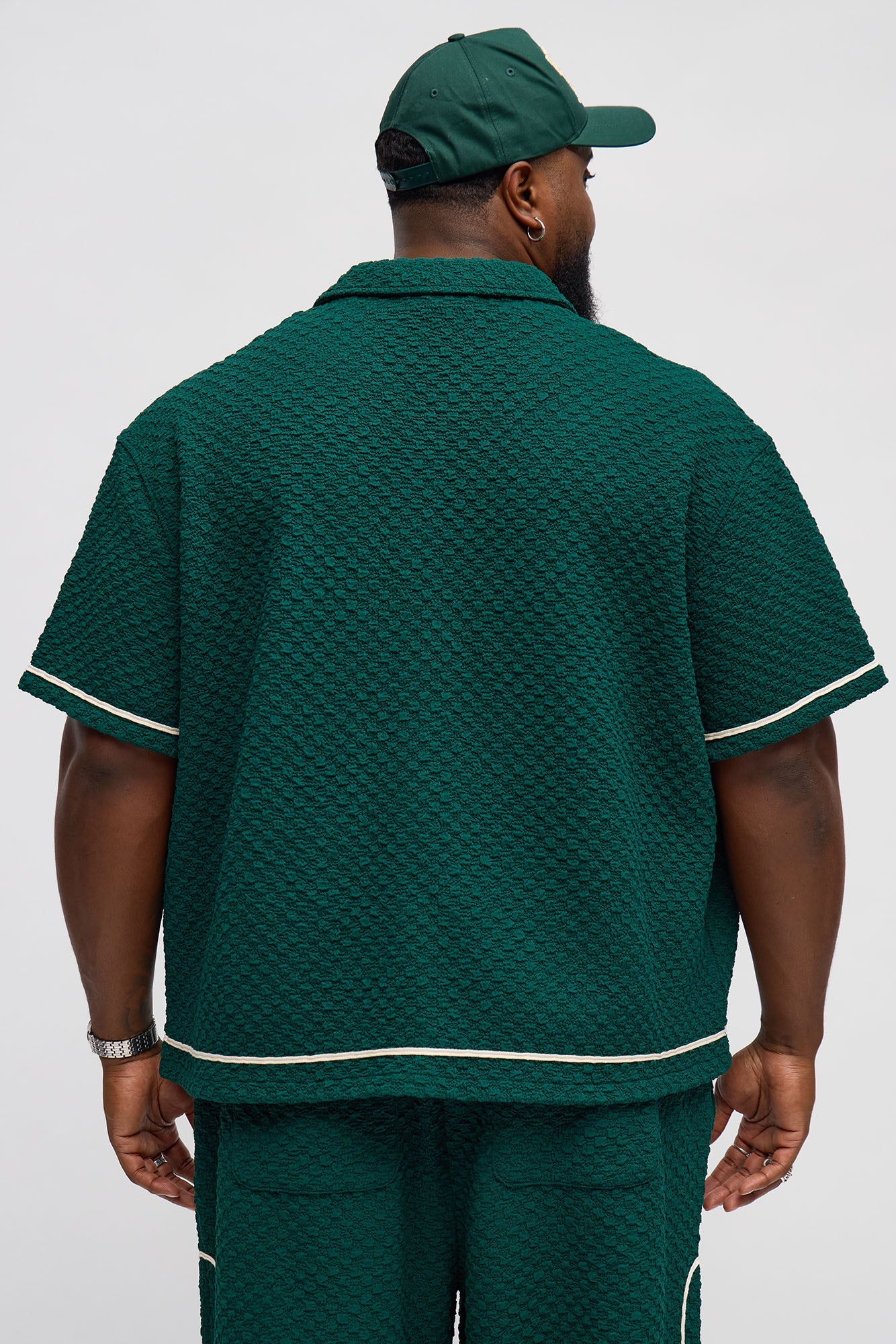 Boxy Soho Weave Applique Textured Button Up Shirt - Hunter Green