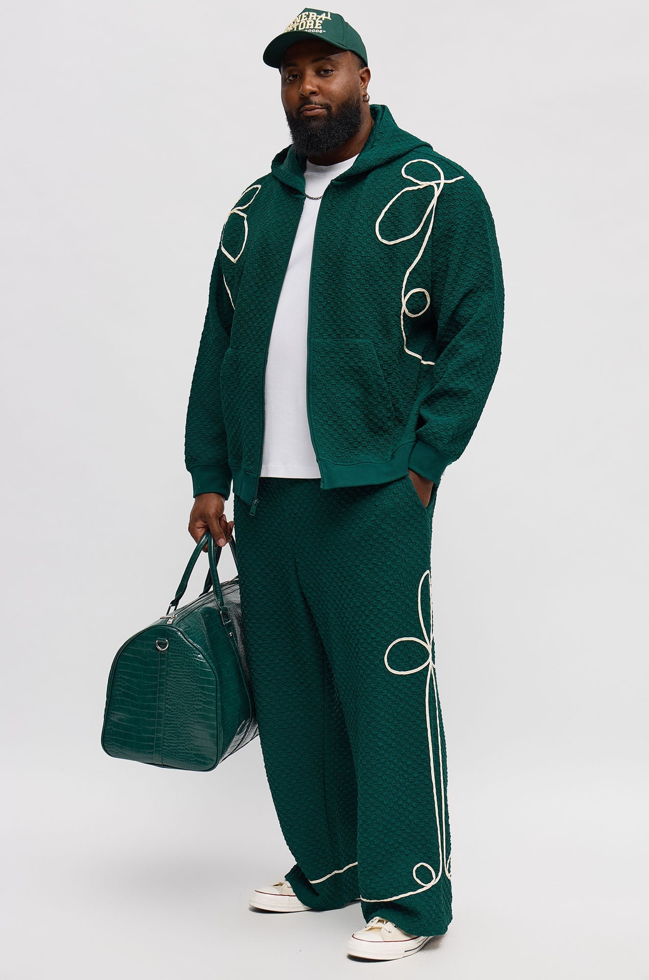 Soho Weave Applique Textured Zip Hoodie - Green