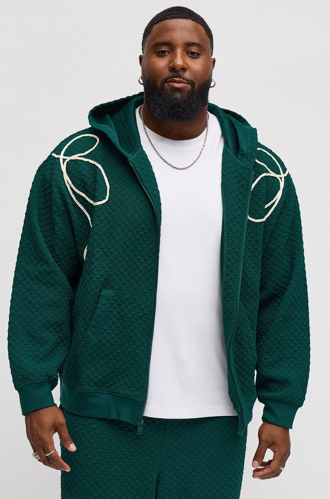 Soho Weave Applique Textured Zip Hoodie - Green