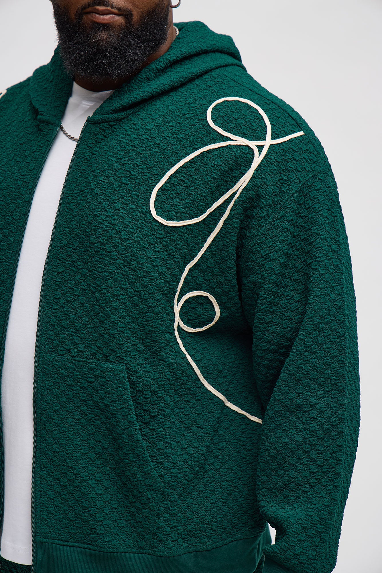 Soho Weave Applique Textured Zip Hoodie - Green