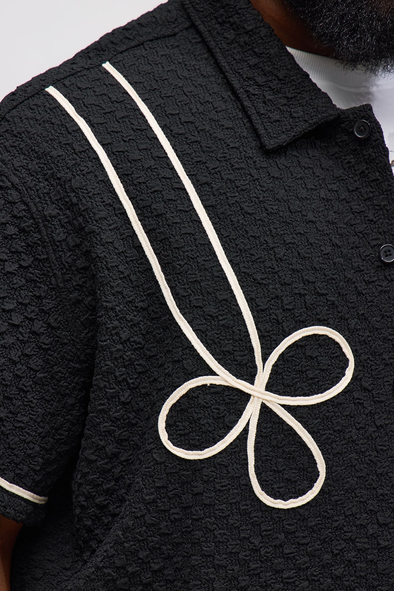 Boxy Soho Weave Applique Textured Button Up Shirt - Black