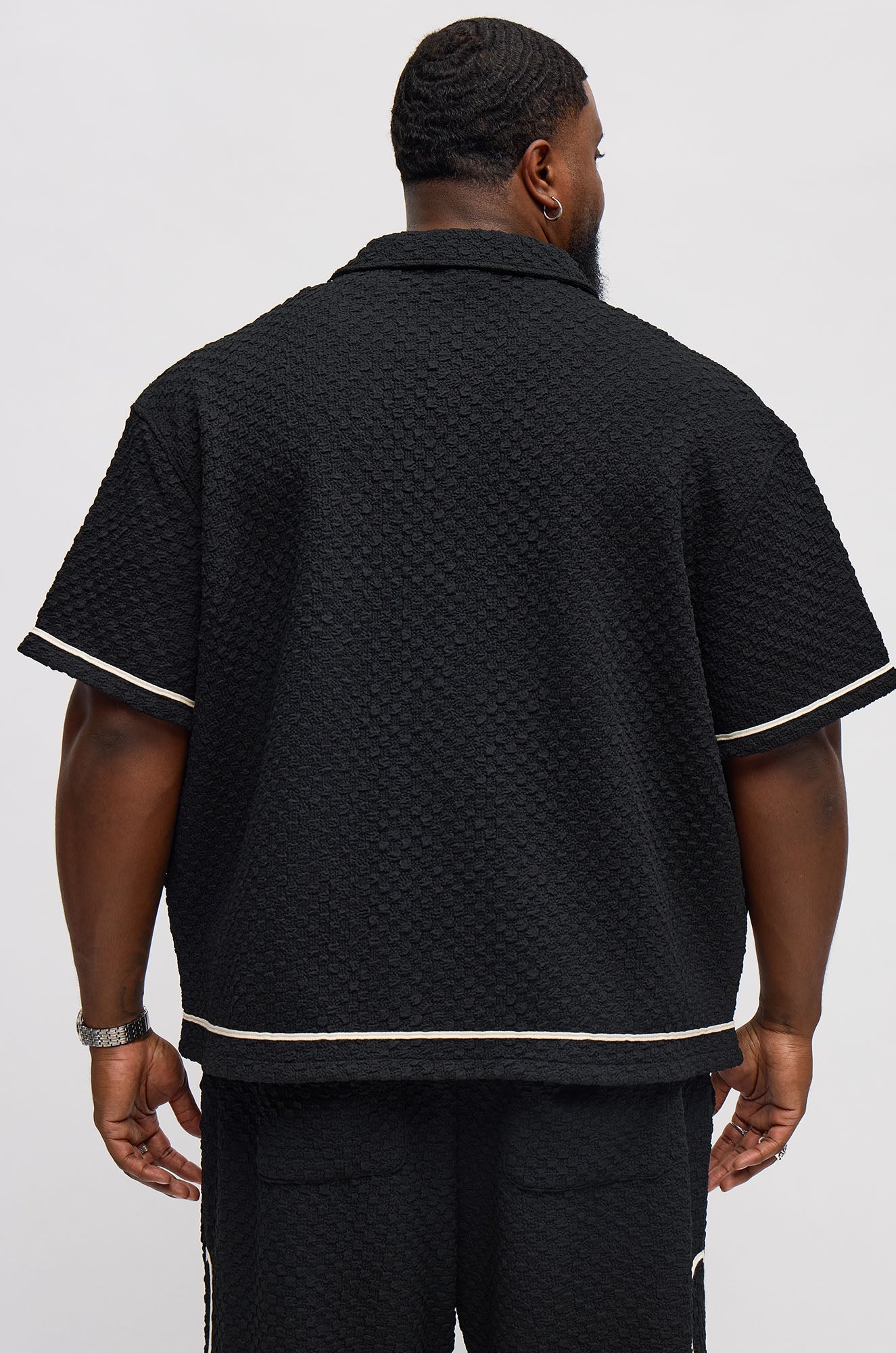 Boxy Soho Weave Applique Textured Button Up Shirt - Black