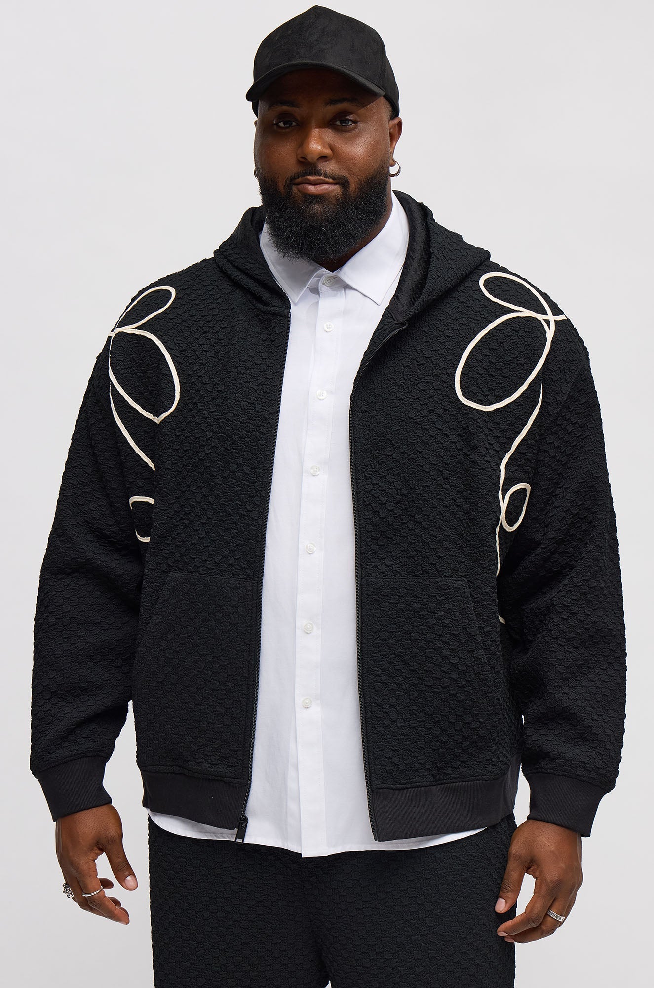 Soho Weave Applique Textured Zip Hoodie - Black