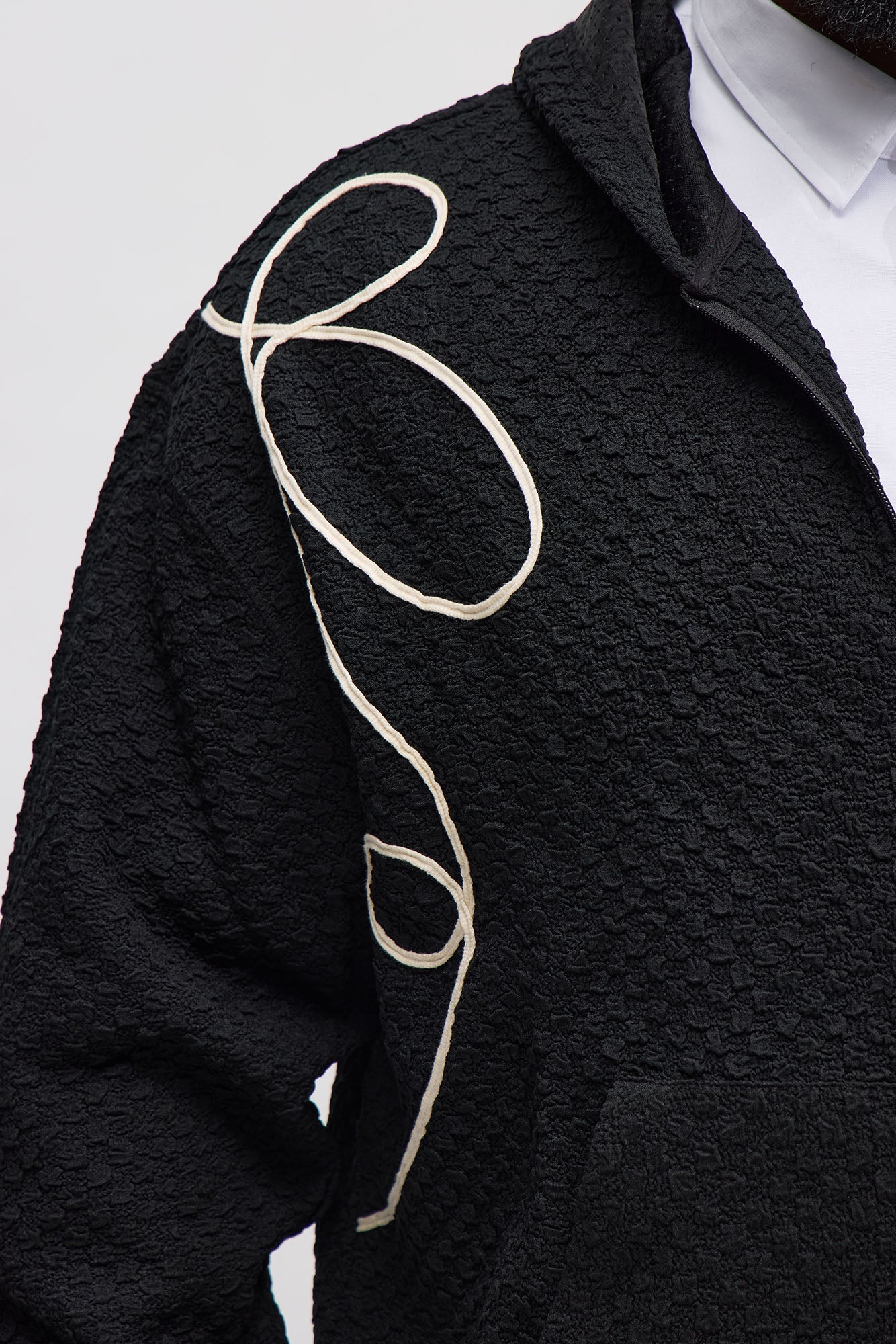 Soho Weave Applique Textured Zip Hoodie - Black
