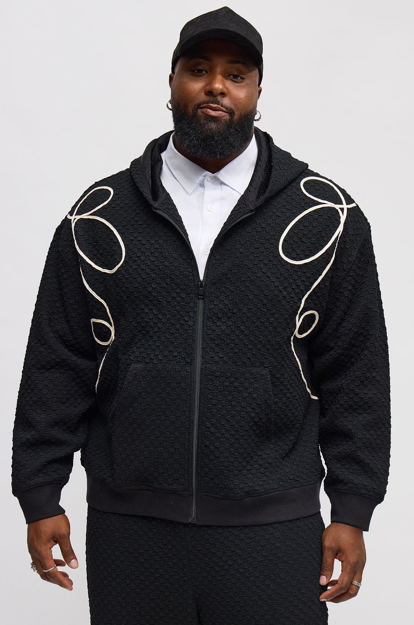 Soho Weave Applique Textured Zip Hoodie - Black