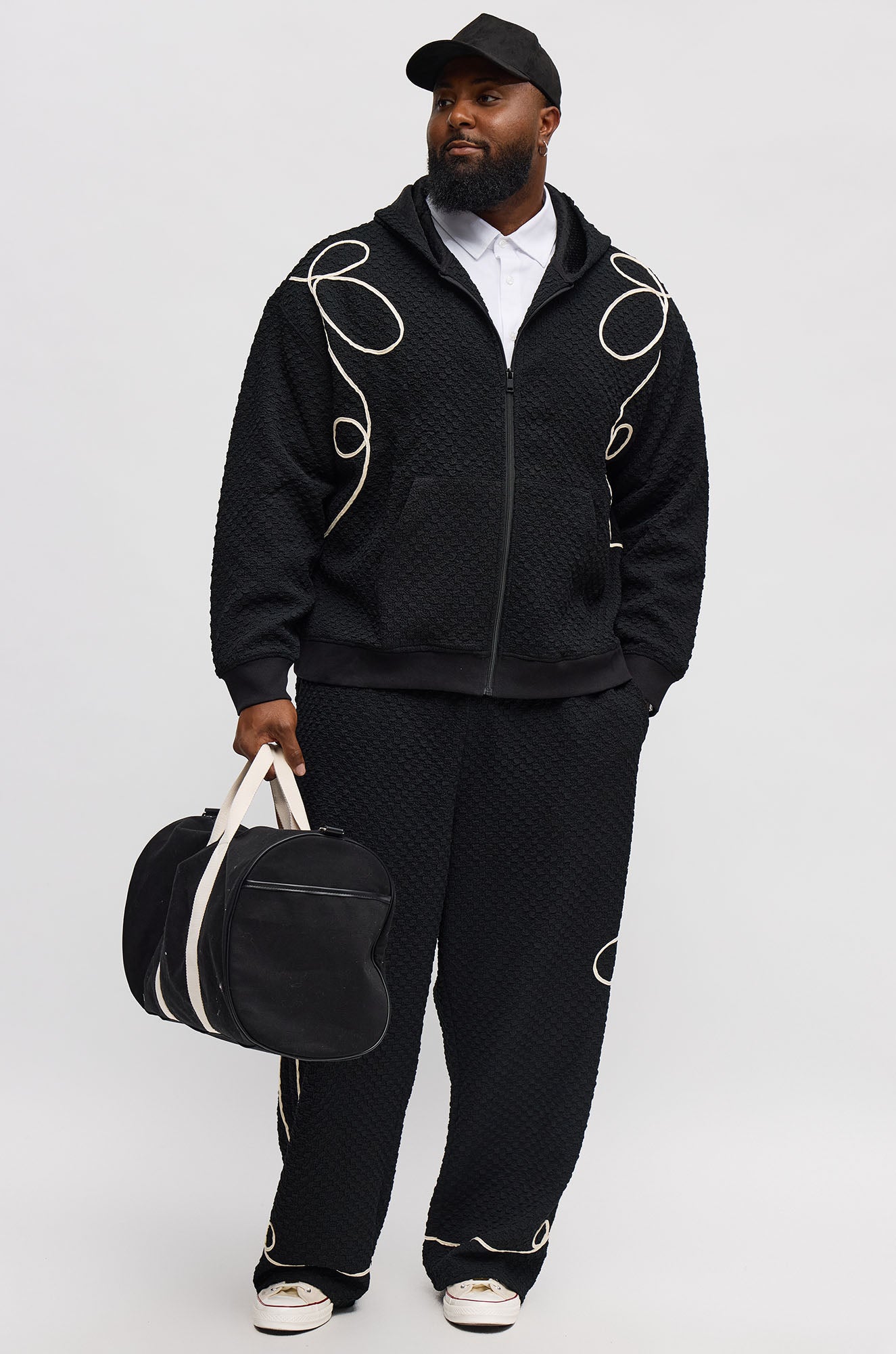 Soho Weave Applique Textured Zip Hoodie - Black