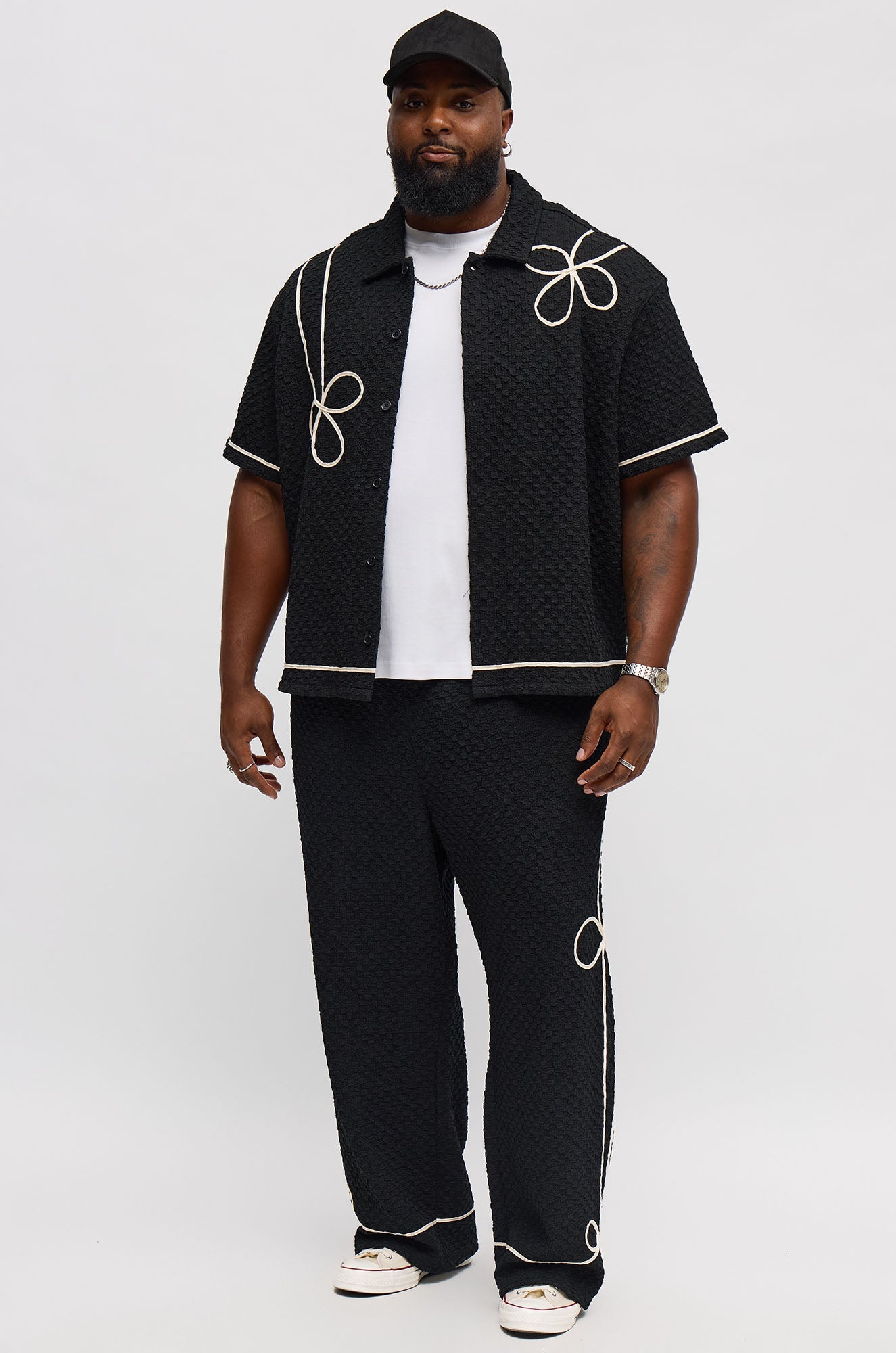 Baggy Soho Weave Applique Textured Pant - Black