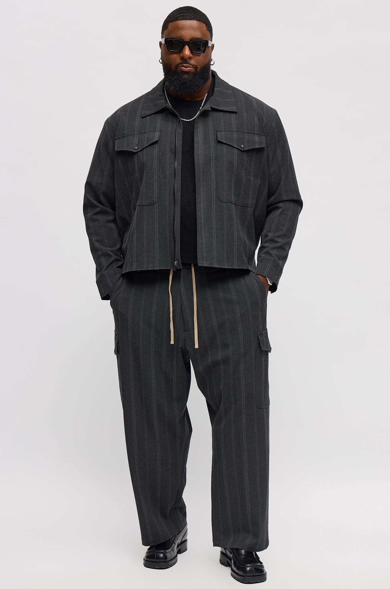 Relaxed Striped Suiting Bomber Jacket - Grey/combo