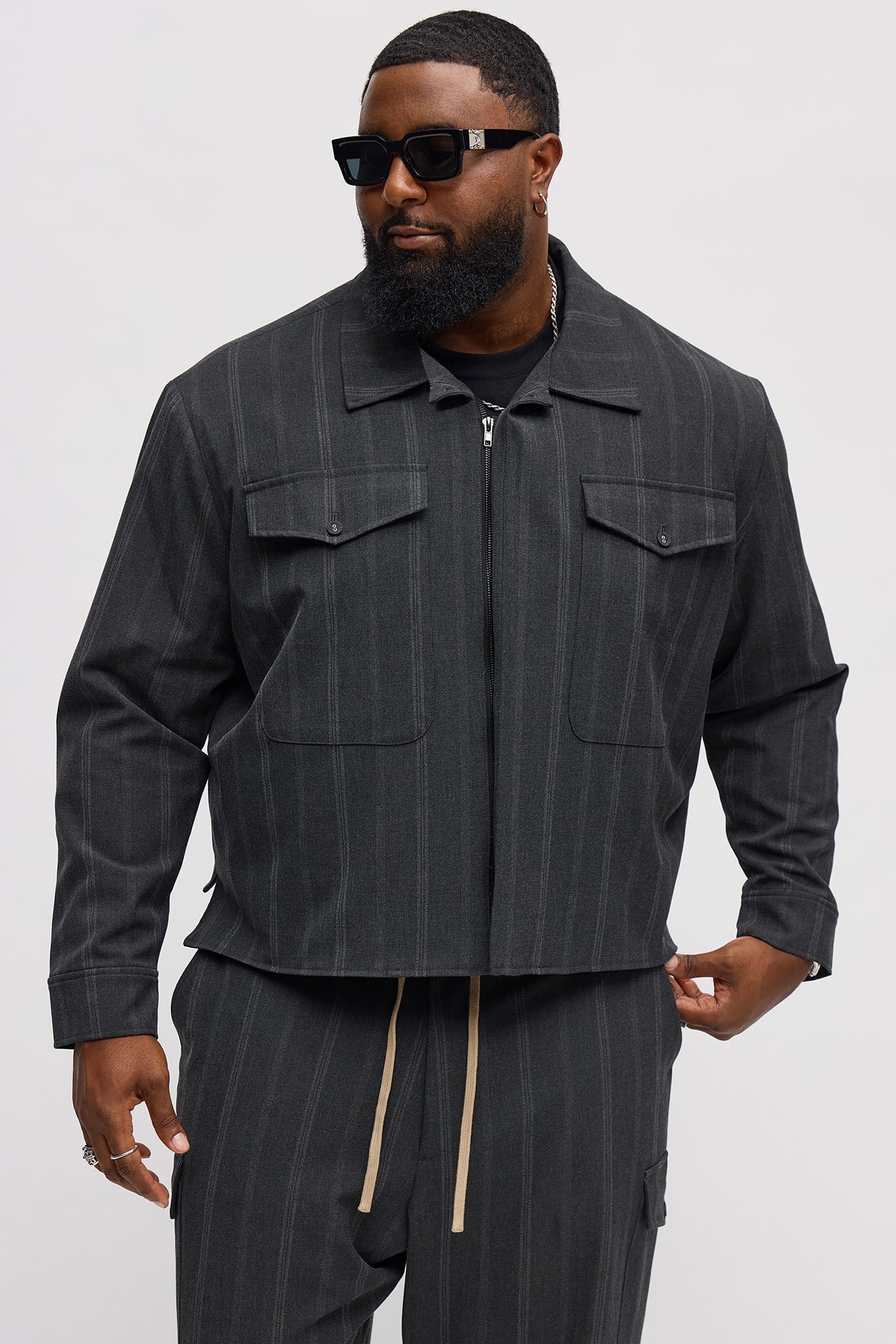 Relaxed Striped Suiting Bomber Jacket - Grey/combo