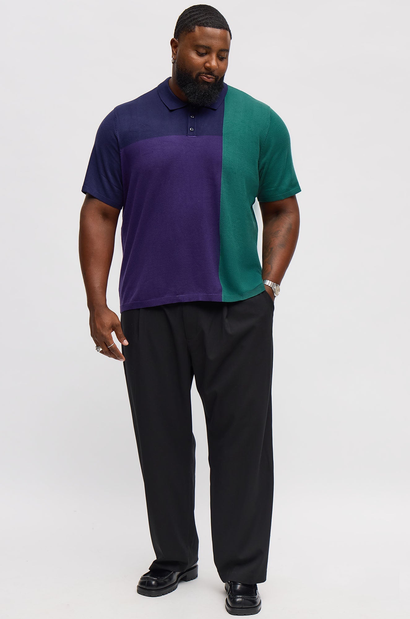 Tetris Color Blocked Knitted Polo - Navy/combo