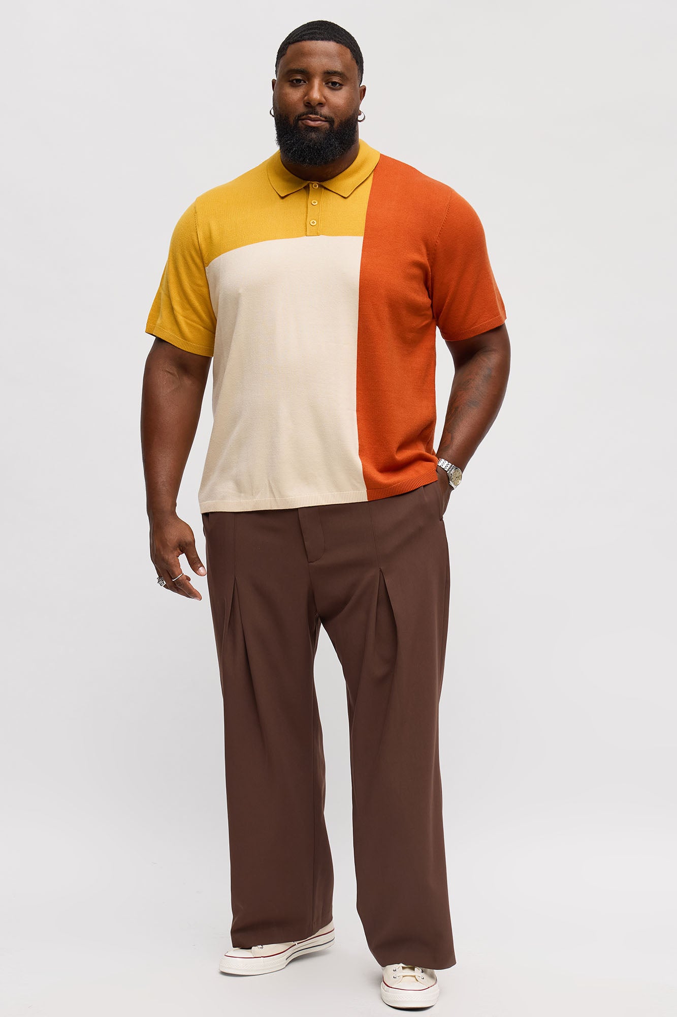 Tetris Color Blocked Knitted Polo - Mustard/combo