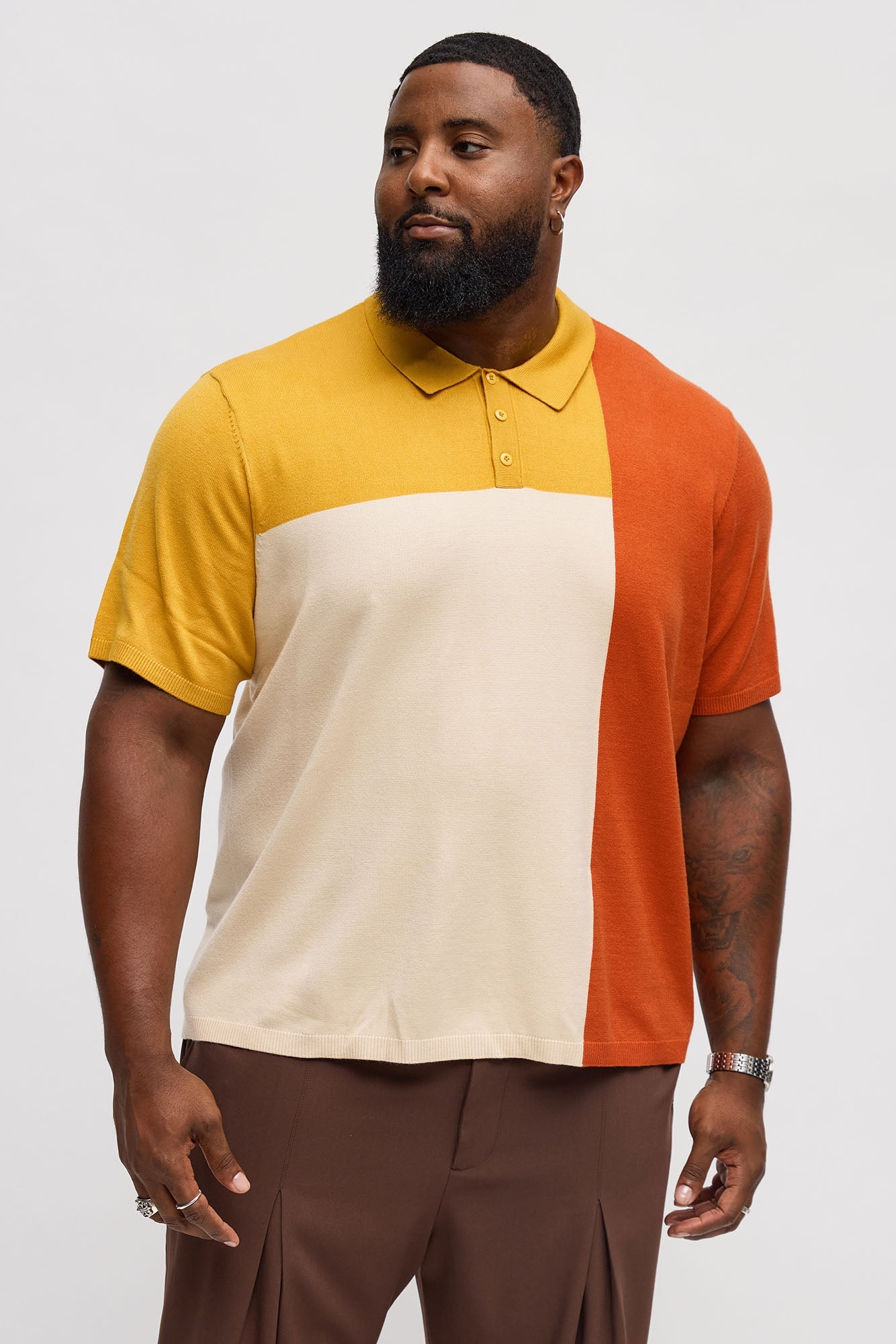 Tetris Color Blocked Knitted Polo - Mustard/combo
