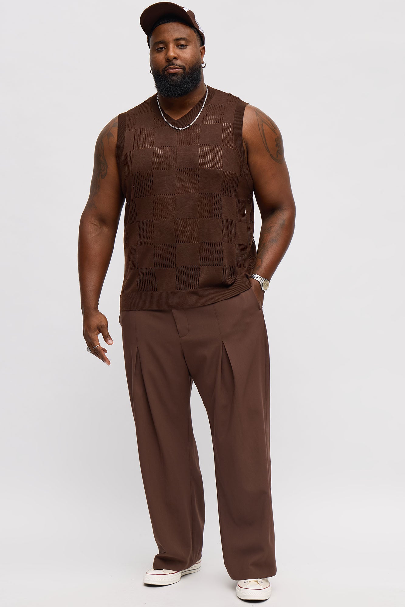 Textured Tiles V-Neck Vest - Brown