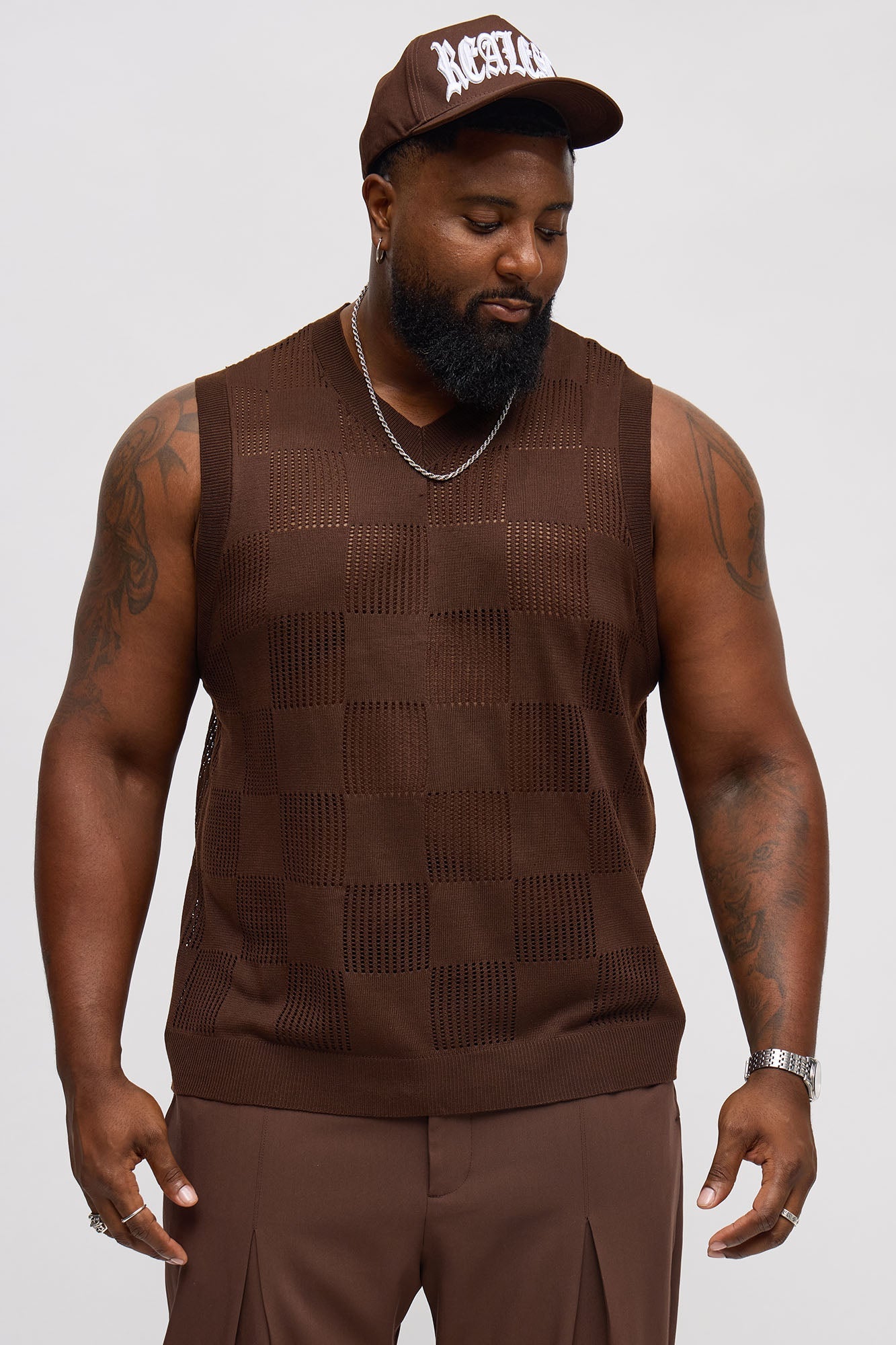 Textured Tiles V-Neck Vest - Brown