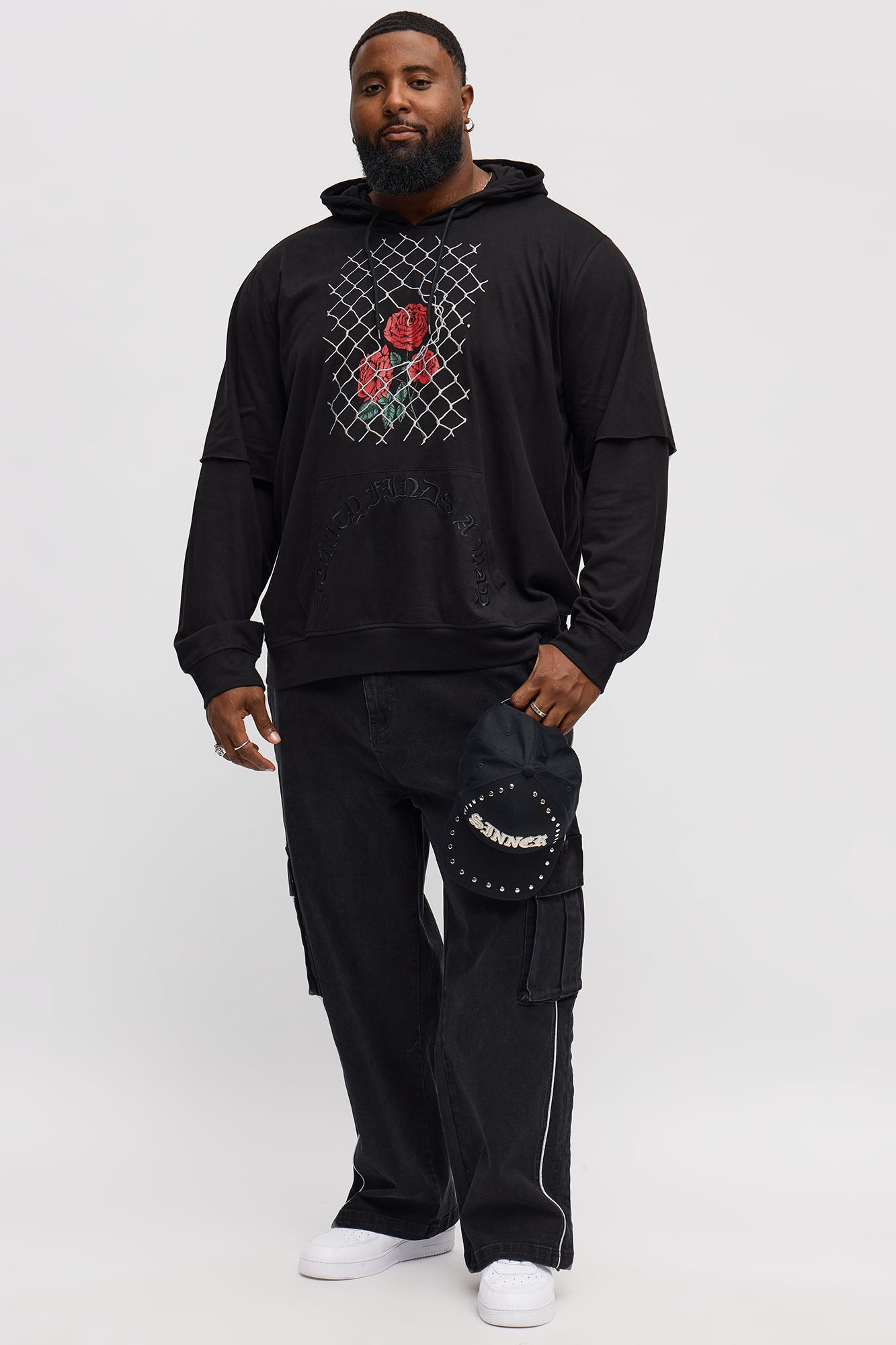 Graphic Hooded Twofer Shirt - Black