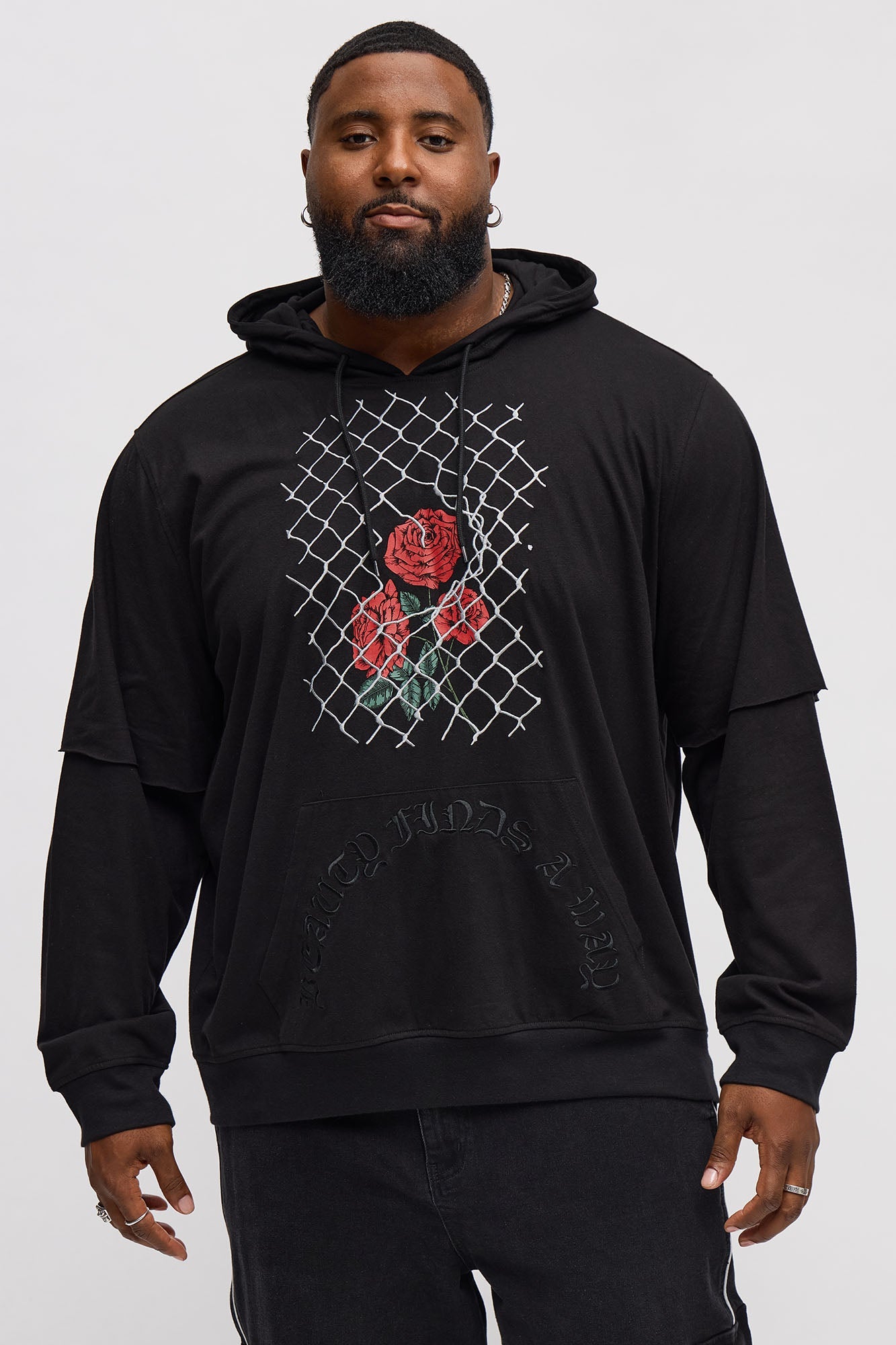 Graphic Hooded Twofer Shirt - Black