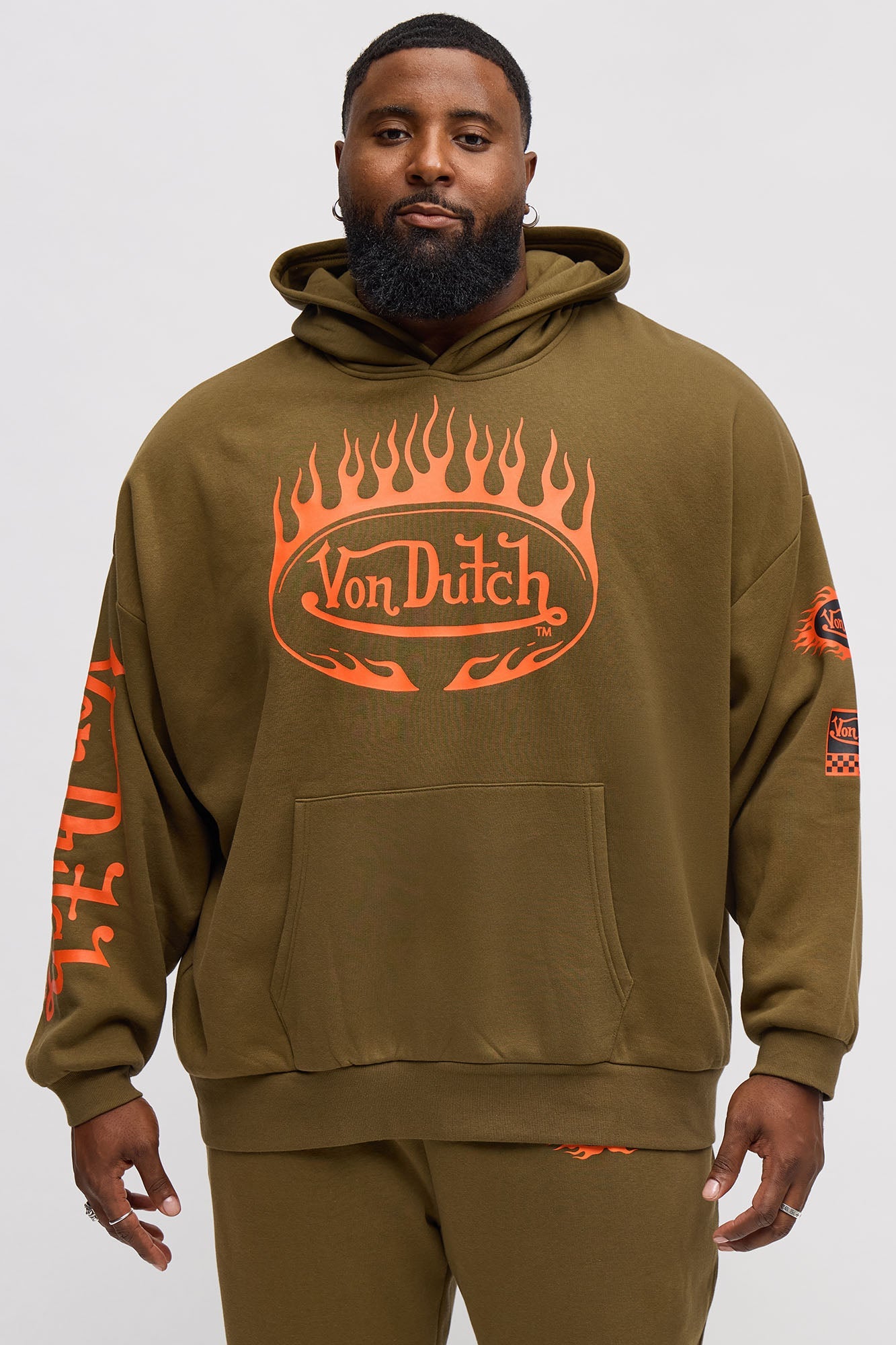 Von Dutch Fire Logo Oversized Hoodie - Olive