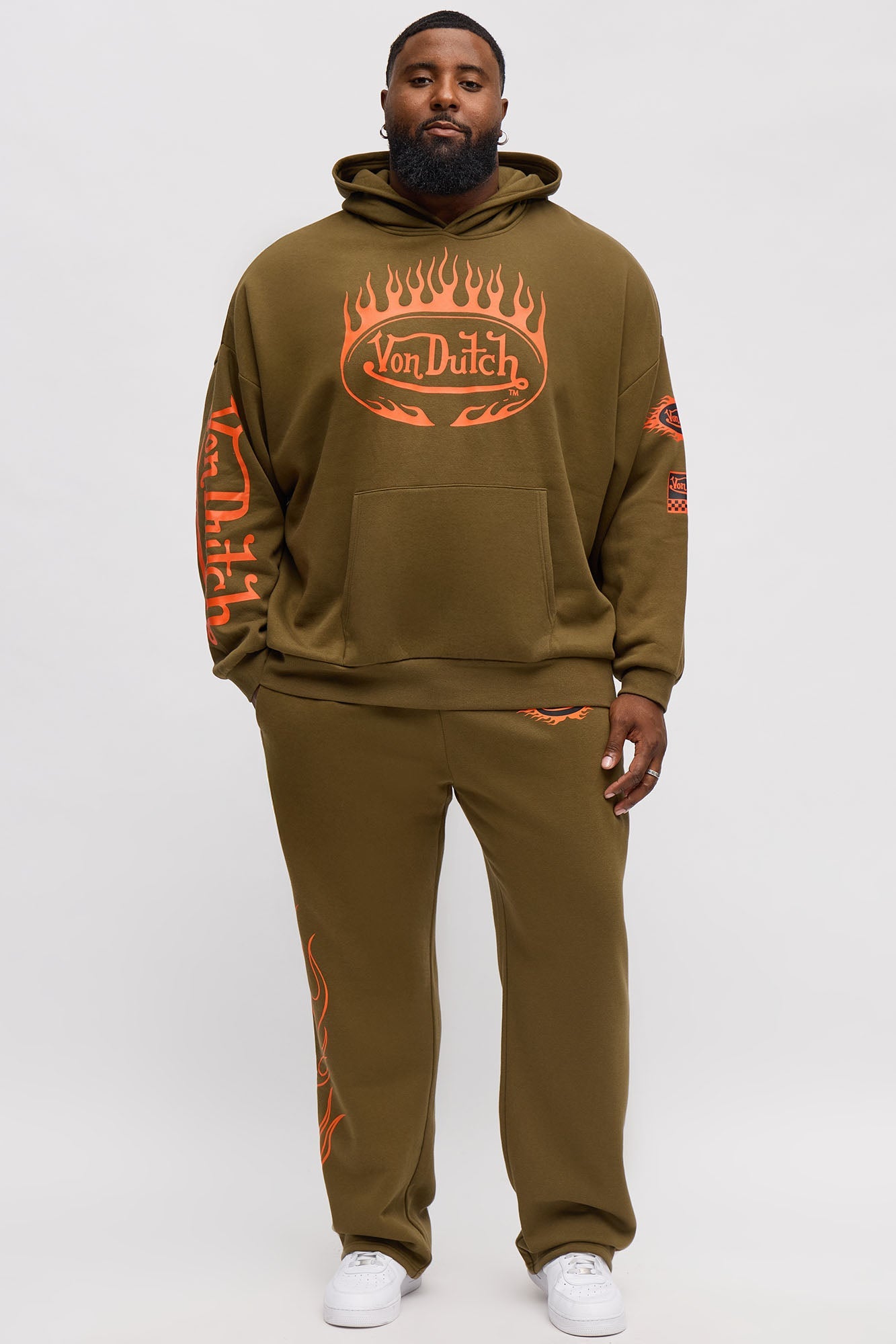 Von Dutch Fire Logo Oversized Hoodie - Olive