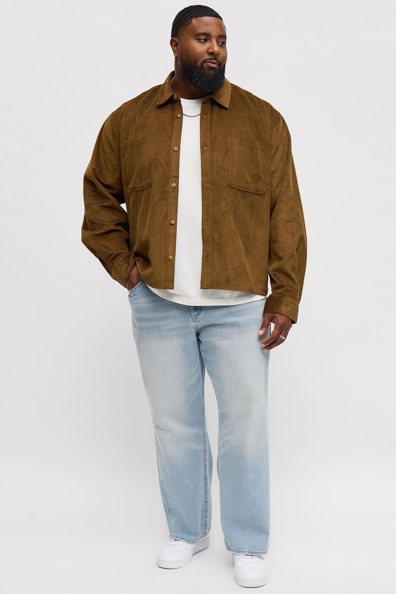 Cropped Corduroy Button Up Shirt - Brown