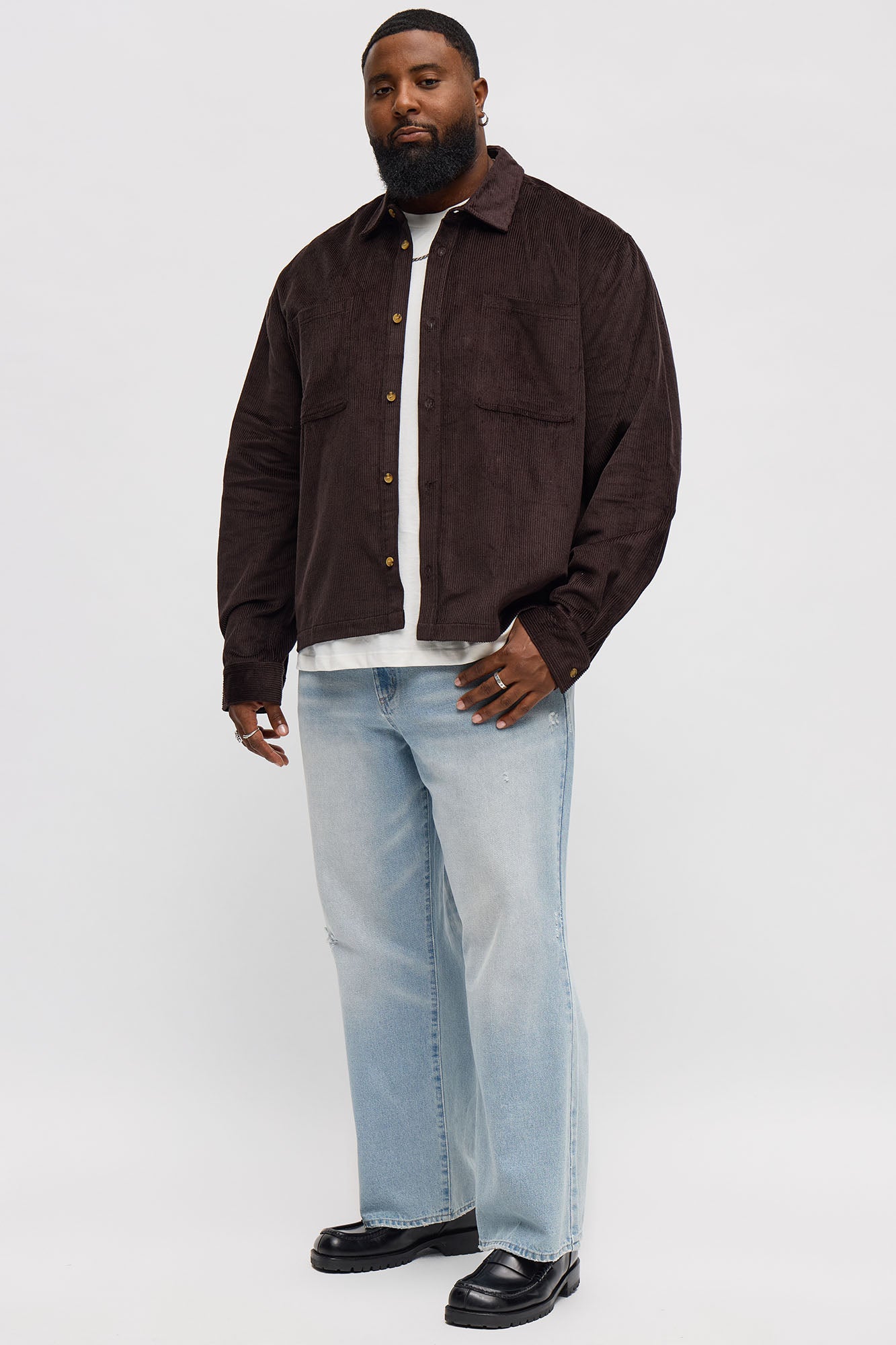 Cropped Corduroy Button Up Shirt - Black