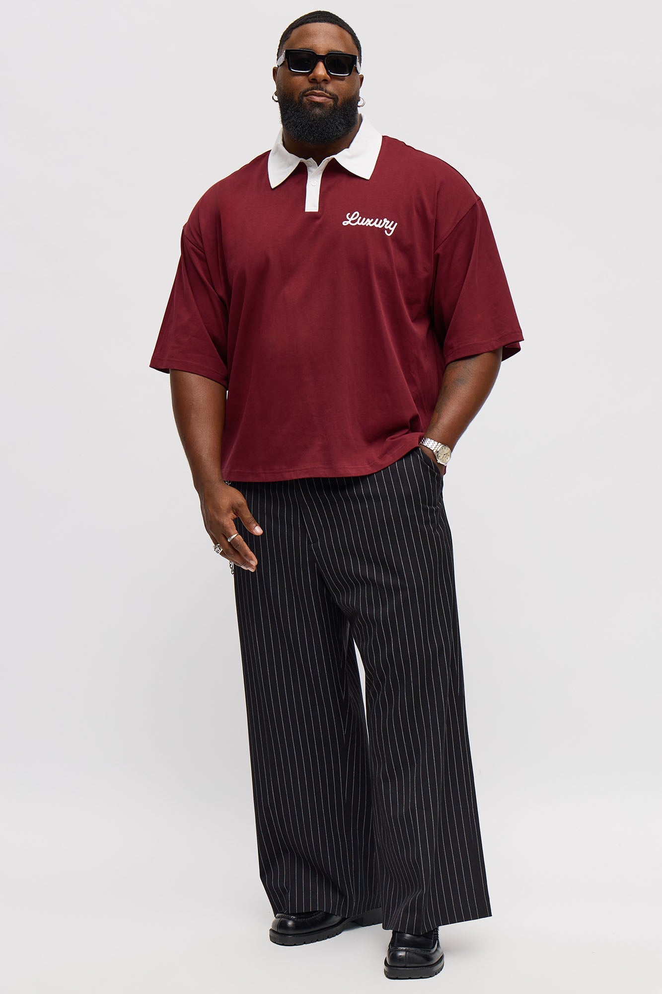 Luxury Pearl Embellished Short Sleeve Polo - Burgundy/combo