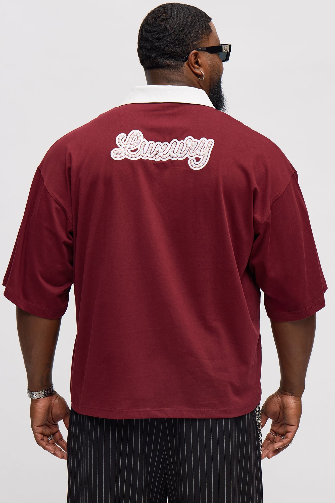 Luxury Pearl Embellished Short Sleeve Polo - Burgundy/combo