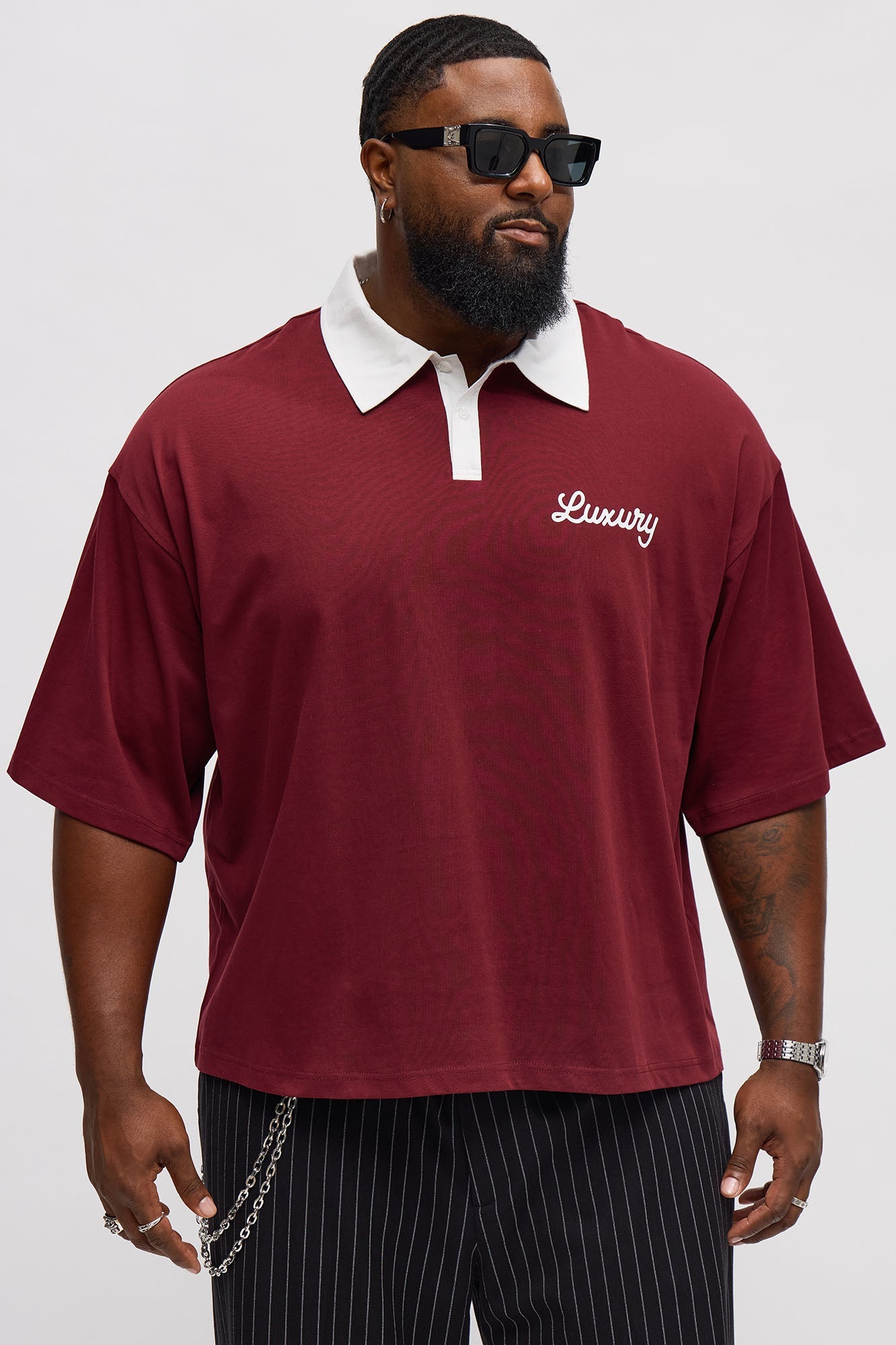 Luxury Pearl Embellished Short Sleeve Polo - Burgundy/combo