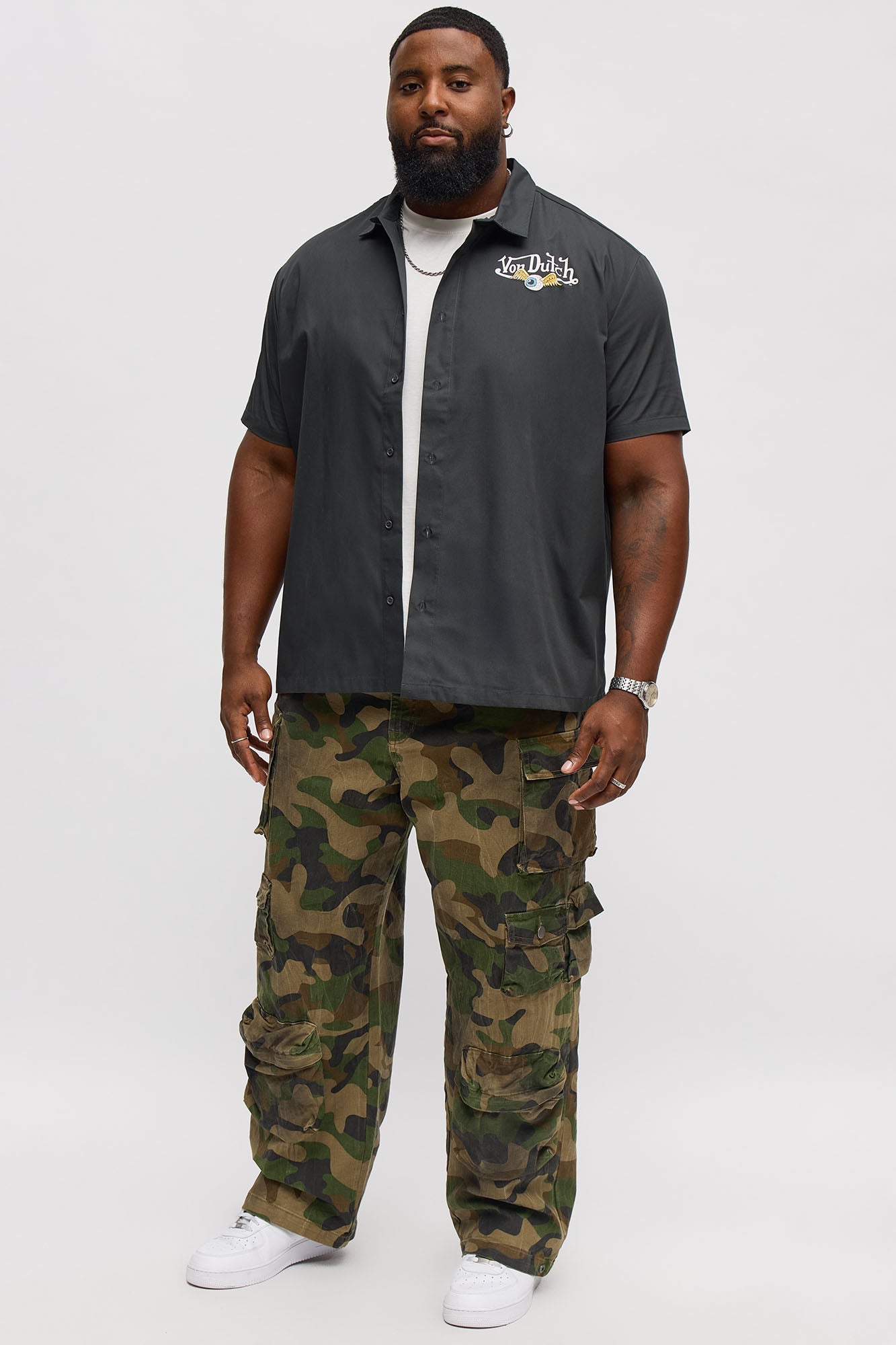 Cropped Von Dutch Moto Apparel Button Up Shirt - Black