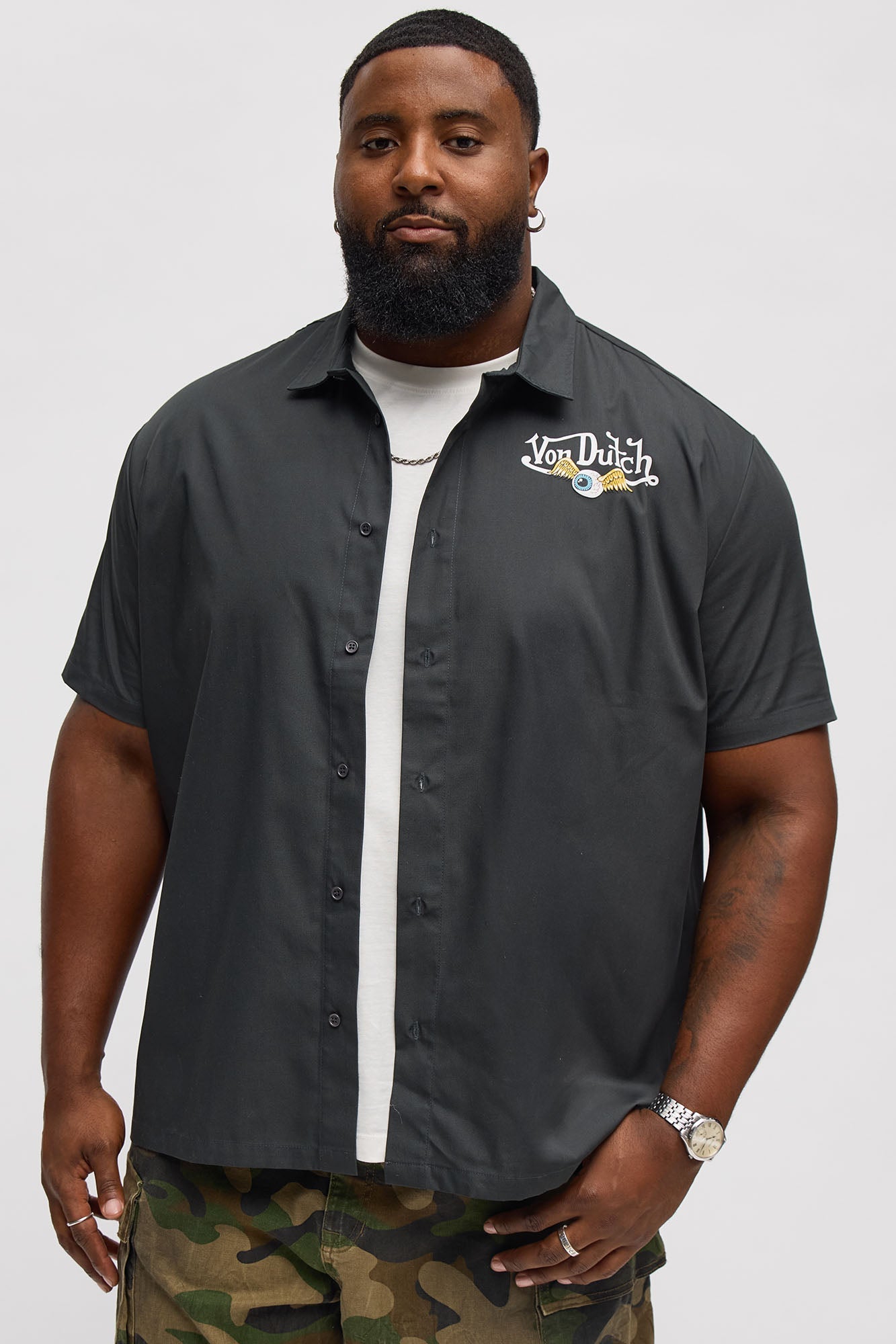 Cropped Von Dutch Moto Apparel Button Up Shirt - Black