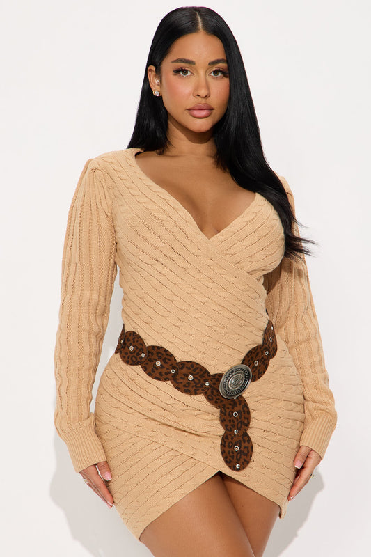 Fallin' For You Belted Sweater Mini Dress - Tan