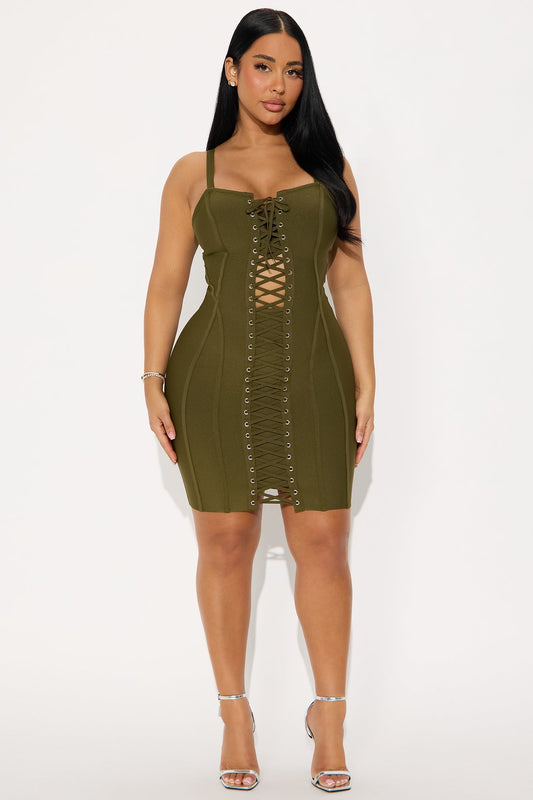 Blair Lace Up Bandage Mini Dress - Olive