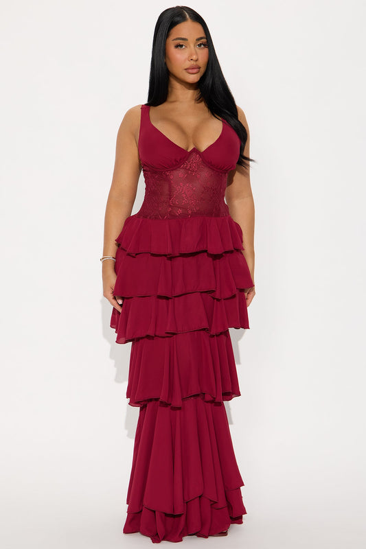 Tate Lace Ruffle Tiered Gown - Wine