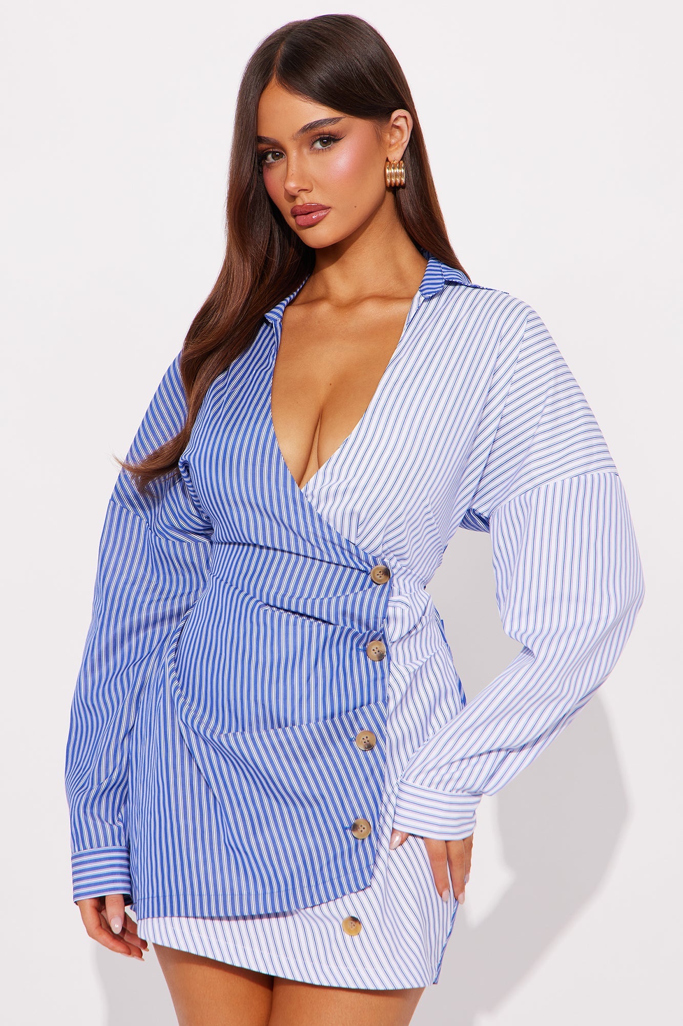 Charli Surplice Pinstripe Shirt Mini Dress - Navy/combo