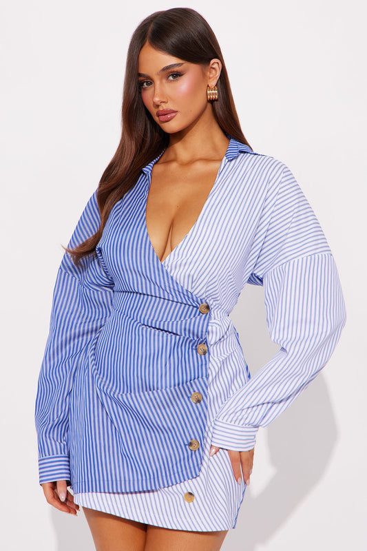 Charli Surplice Pinstripe Shirt Mini Dress - Navy/combo
