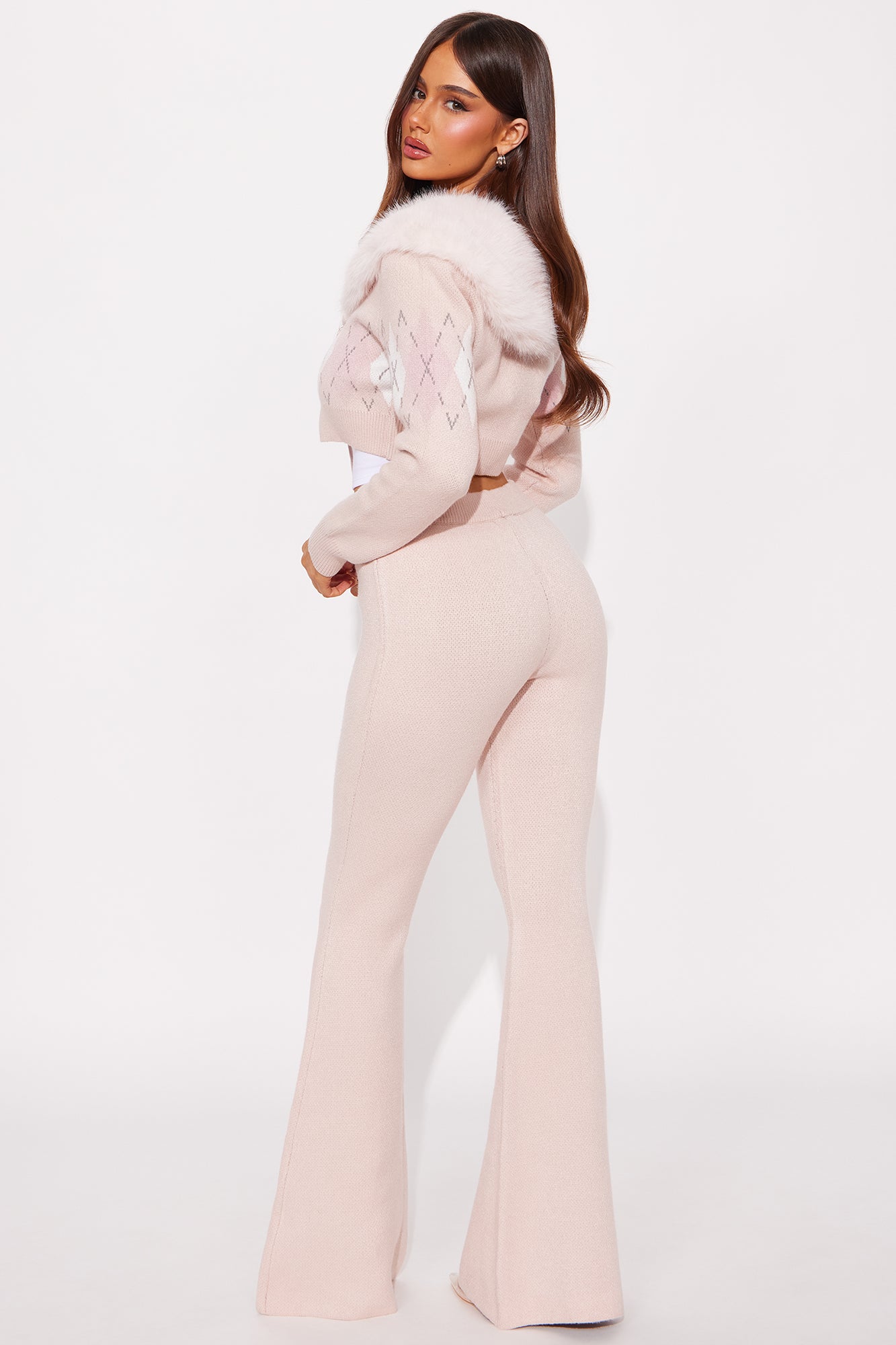 Feminine Touch Fur Collar Sweater Pant Set - Pink