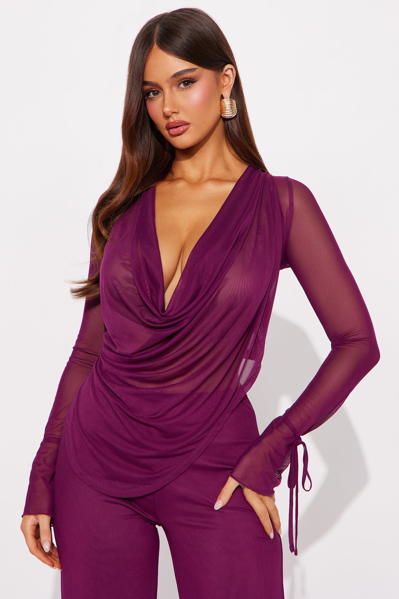 Silent Muse Cowl Neck Mesh Pant Set - Wine