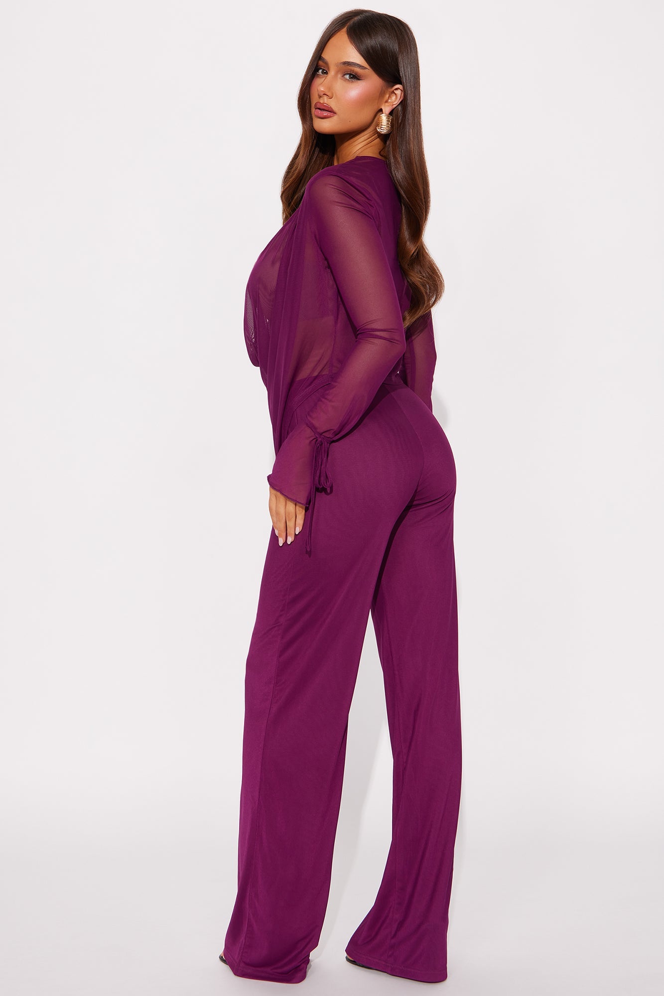 Silent Muse Cowl Neck Mesh Pant Set - Wine