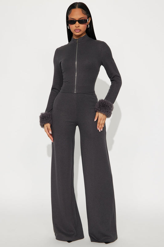 Delilah Faux Fur Trim Pant Set - Charcoal