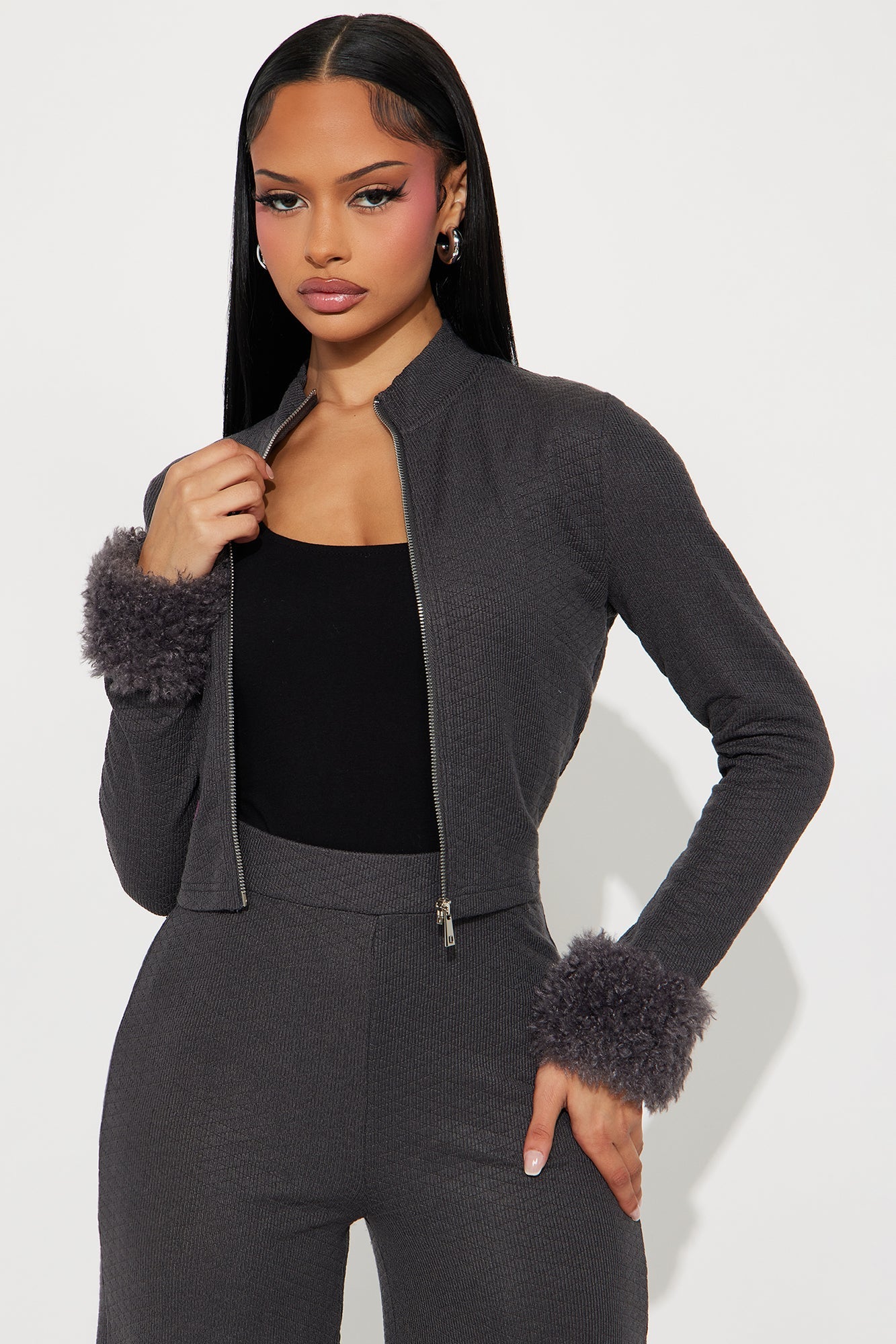 Delilah Faux Fur Trim Pant Set - Charcoal