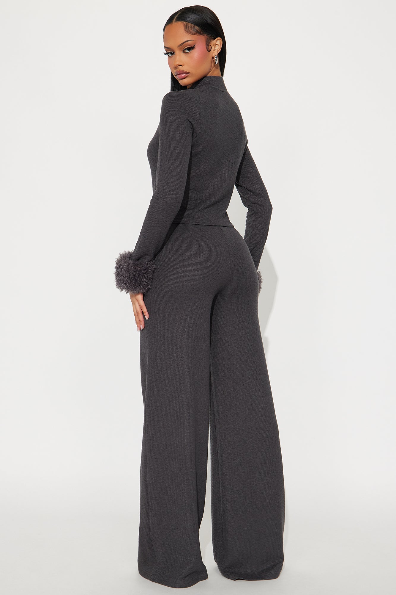 Delilah Faux Fur Trim Pant Set - Charcoal