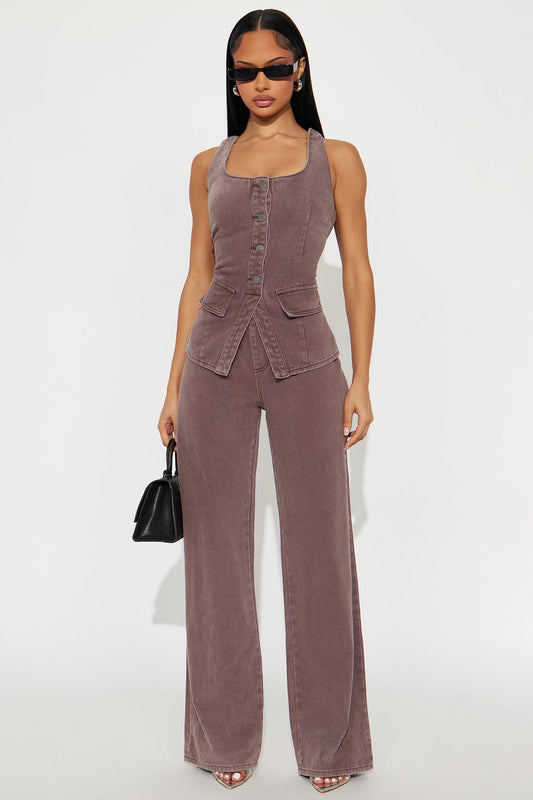 Solana Washed Denim Wide Leg Jumpsuit - Chocolate