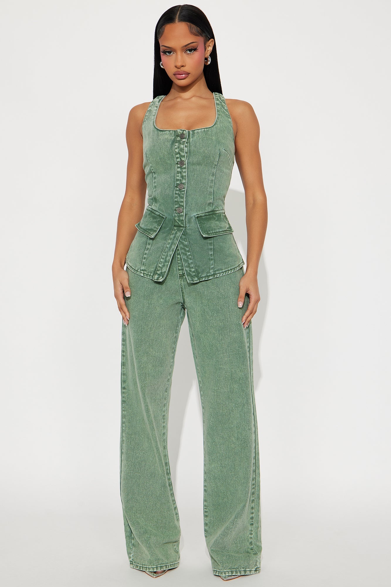 Solana Washed Denim Wide Leg Jumpsuit - Olive